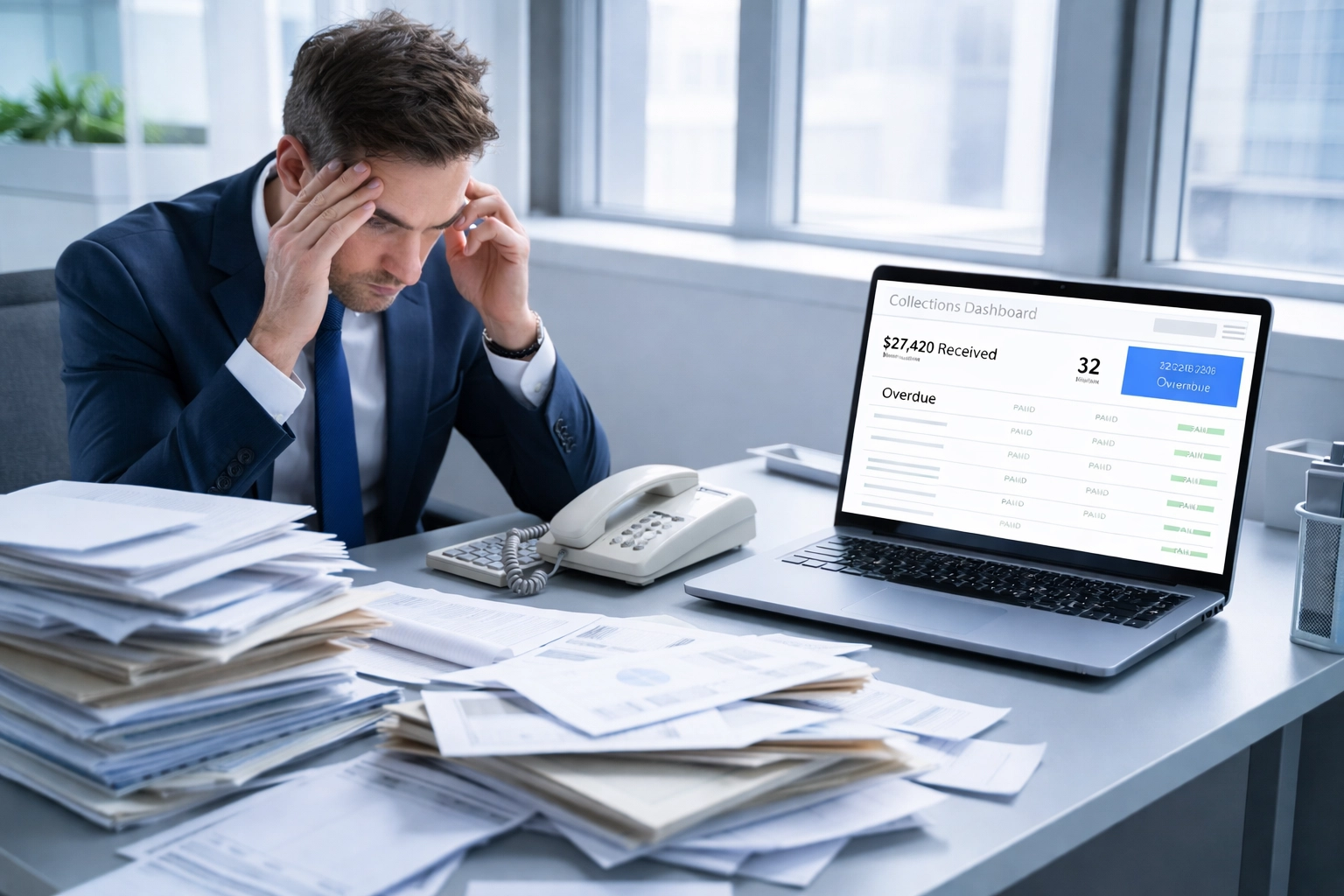 Frustrated professional at cluttered desk contrasts outdated collection methods with modern debt collection payment processing dashboard