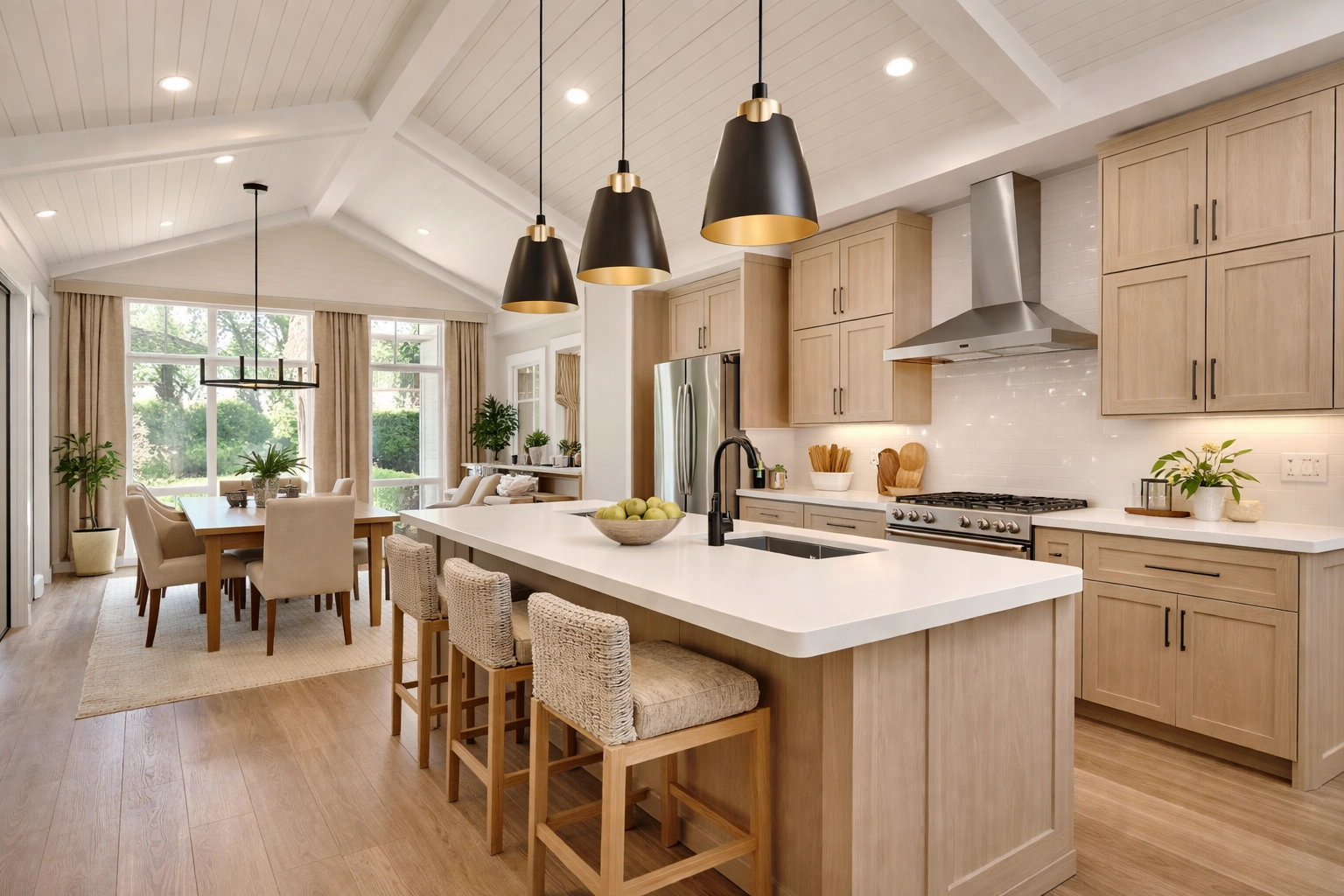 Upscale manufactured home kitchen with vaulted ceilings, island seating, and modern finishes