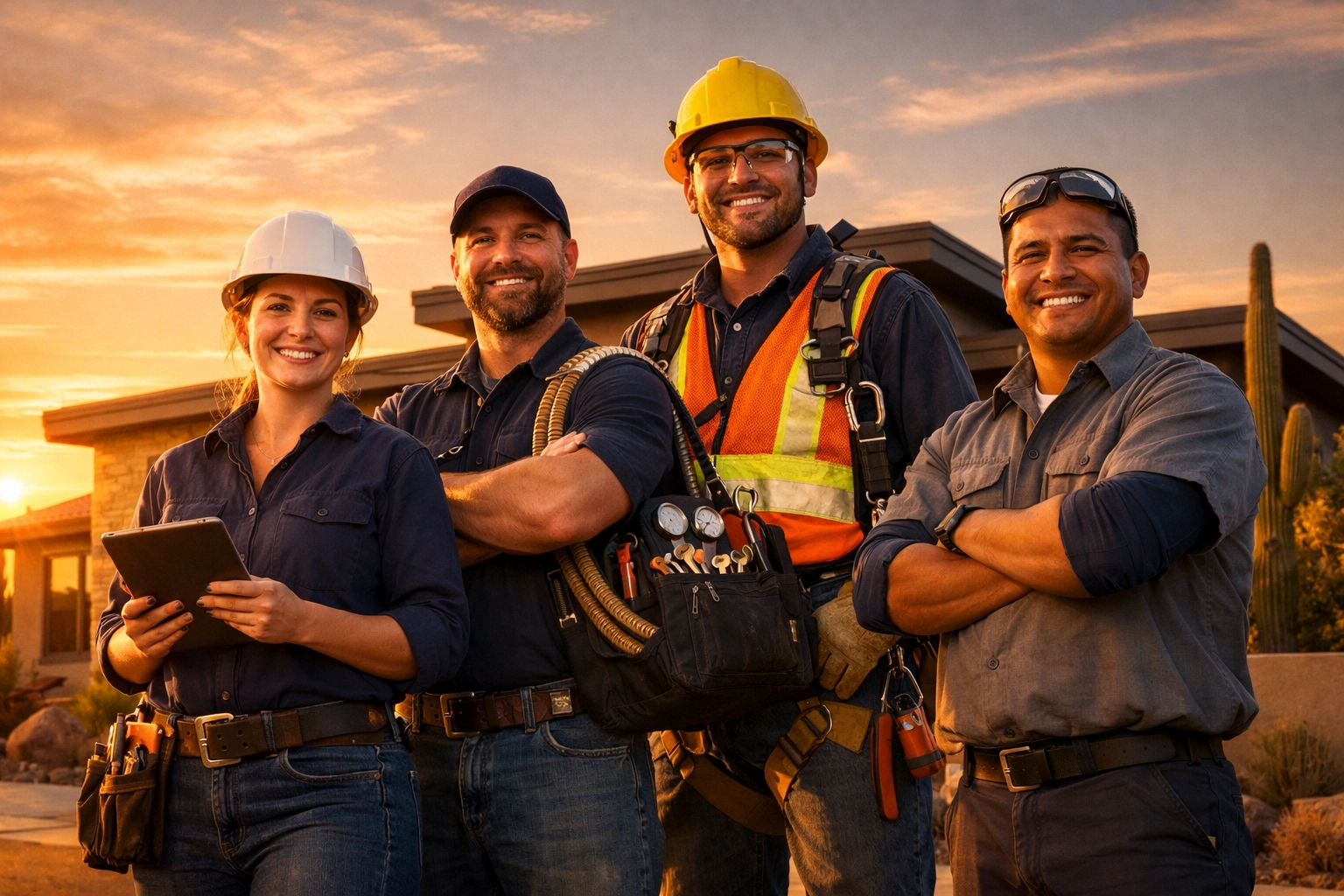 Blue-collar workers in front of Arizona home representing corporate housing benefits