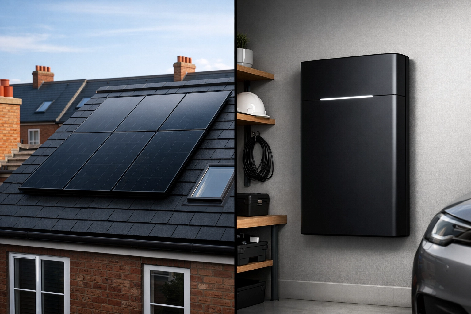 Black solar panels on UK terraced house roof with battery storage unit installed in garage