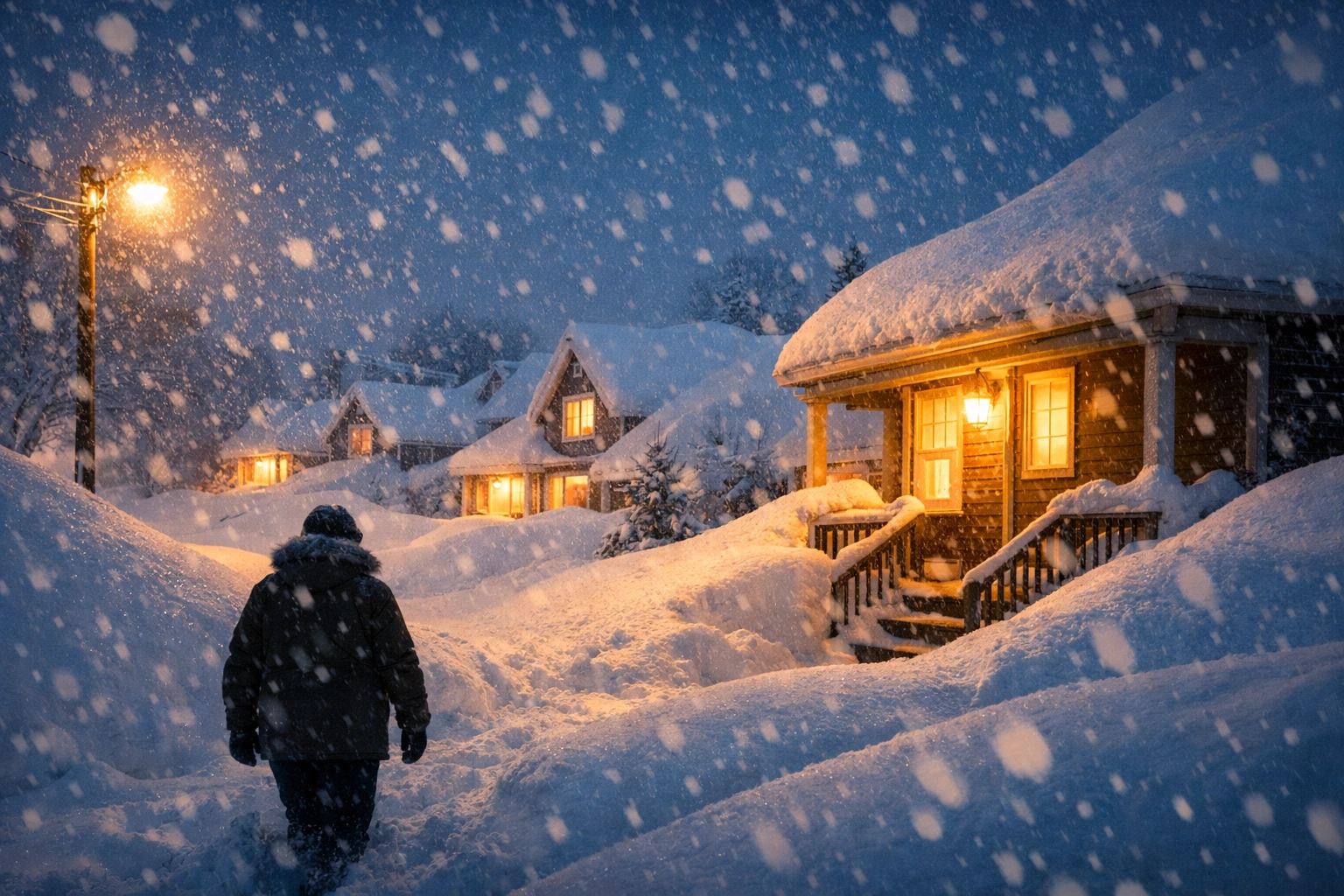Suburban neighborhood buried in snow during the Northeast blizzard with a person checking on their neighbor.
