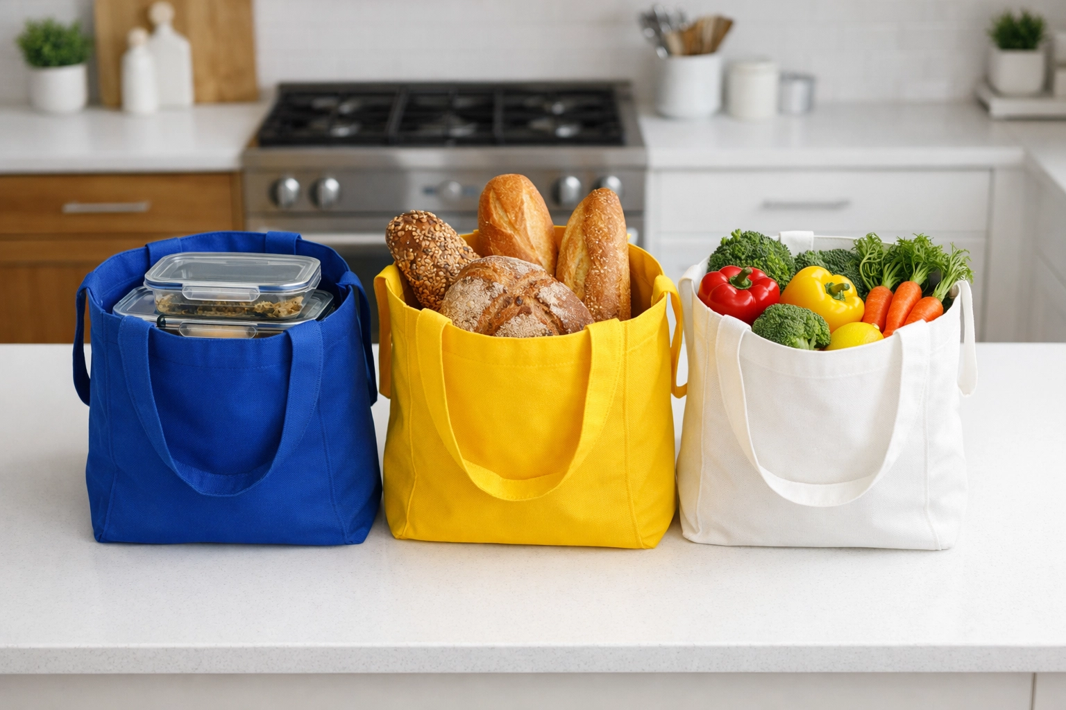 Three color-coded reusable shopping bags organized to prevent bacteria and cross-contamination.
