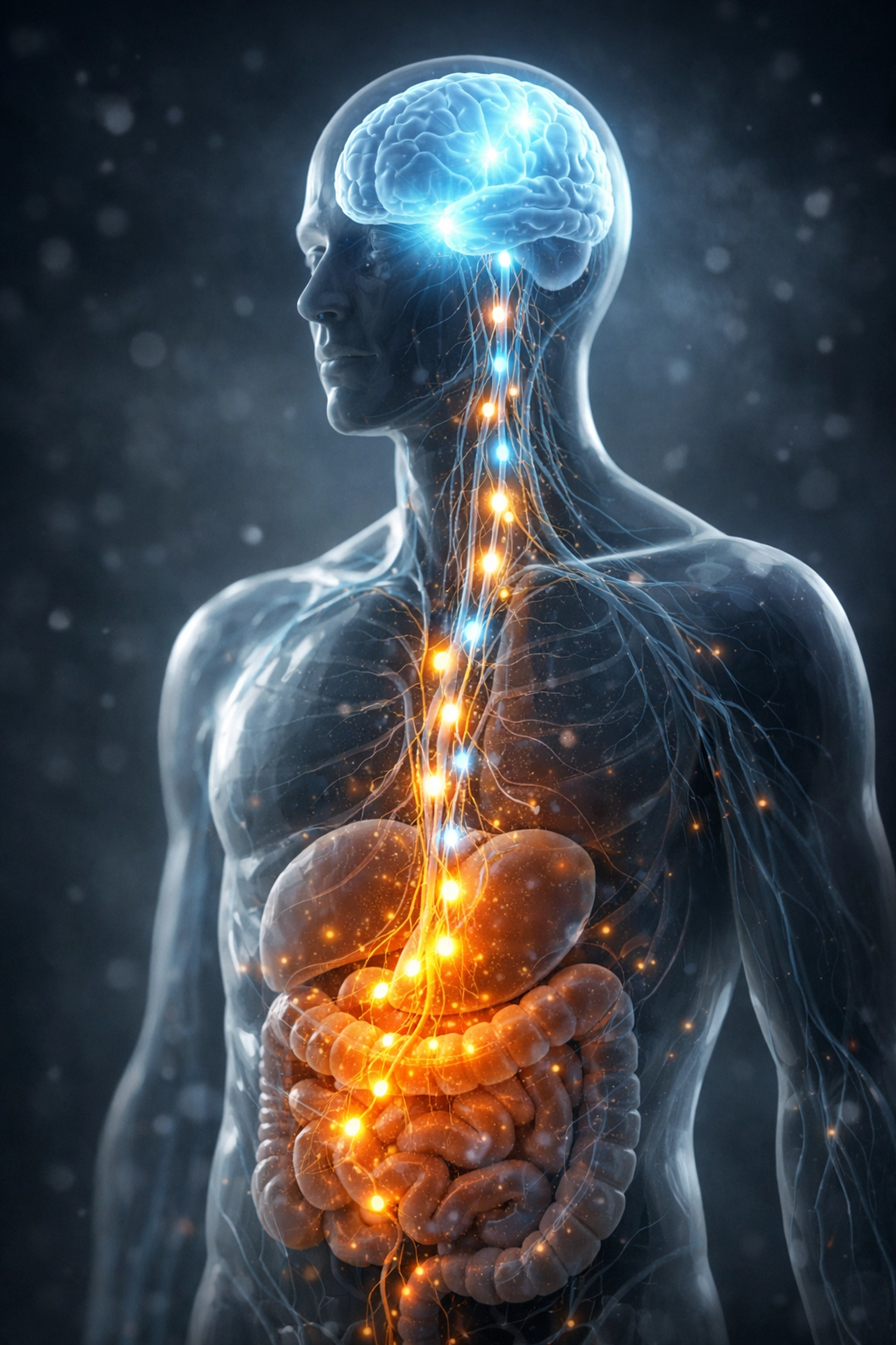 Diagram of satiety hormones signaling from the gut to the brain to suppress hunger after eating protein.