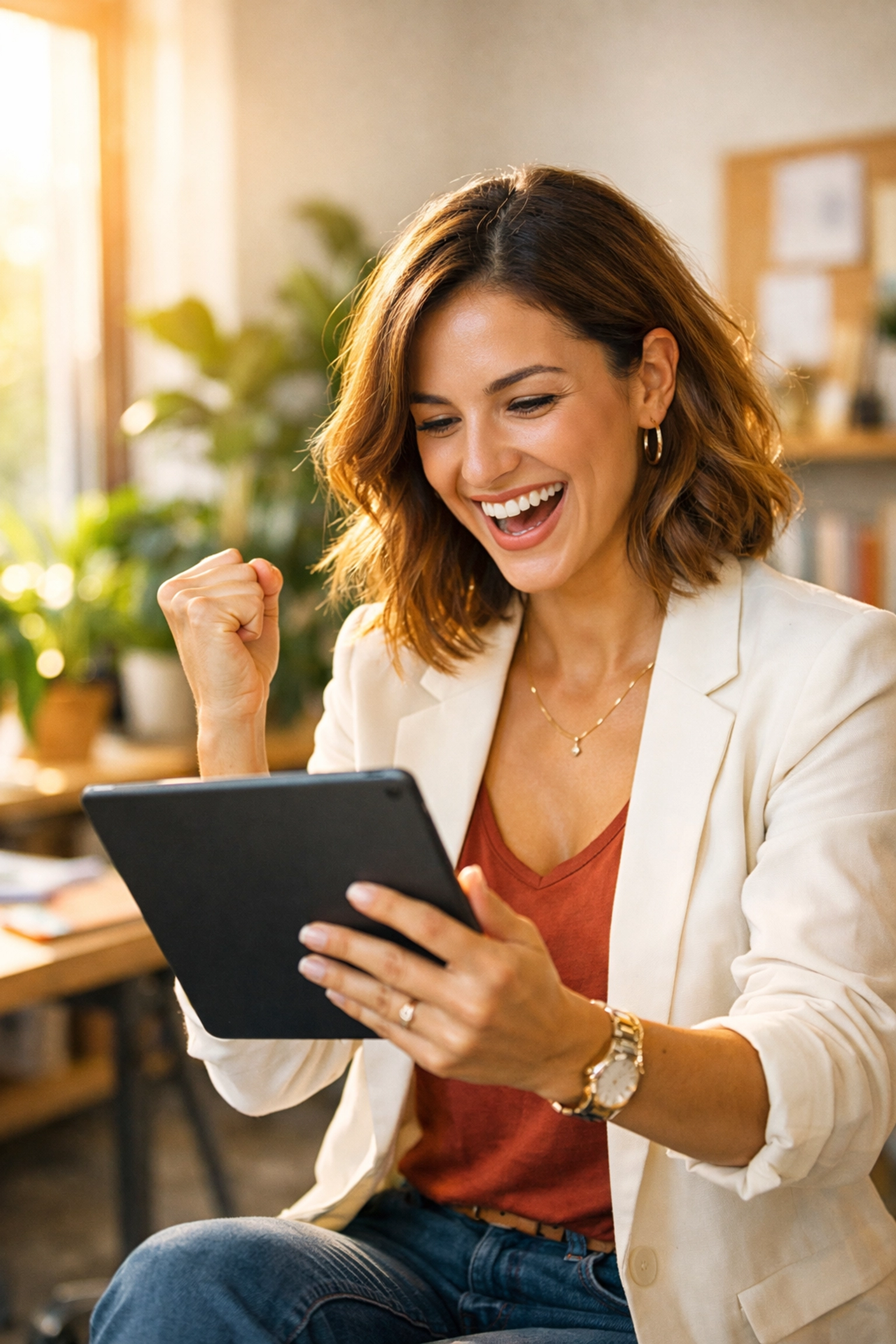 Successful entrepreneur tracking digital marketing ROI and Facebook ad performance on a tablet.