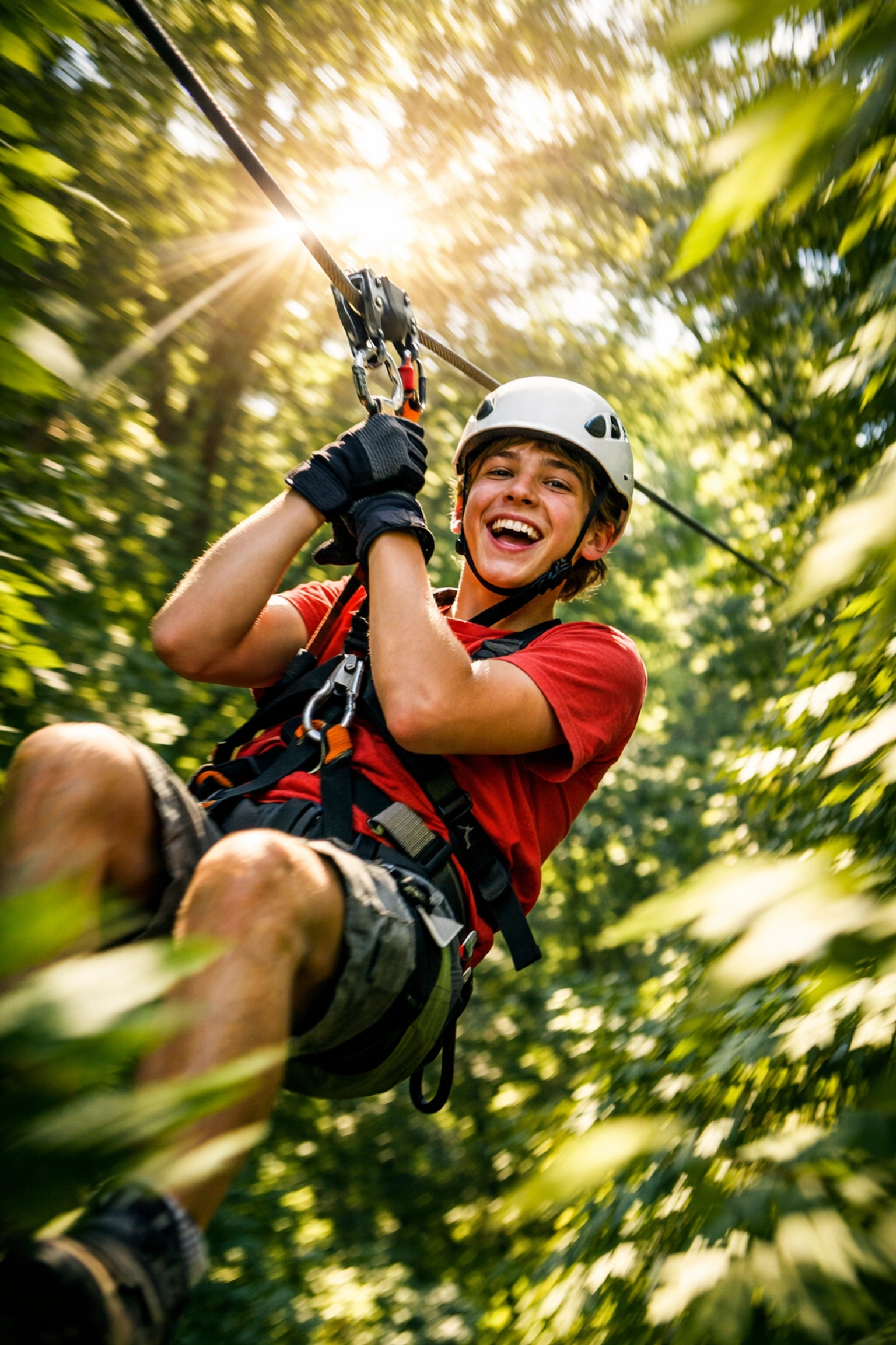 Teenager ziplining through a forest canopy, a high-energy adventure travel activity for families.