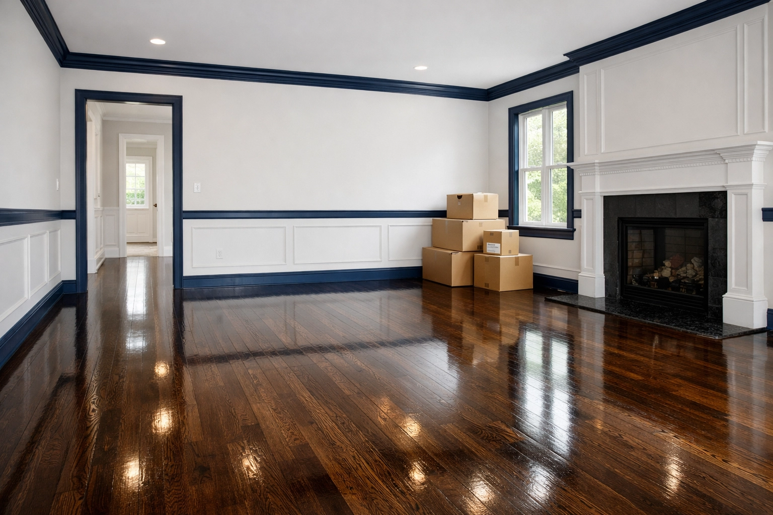 Deep cleaned living room with polished hardwood floors in a Bolton, MA home ready for move-in.