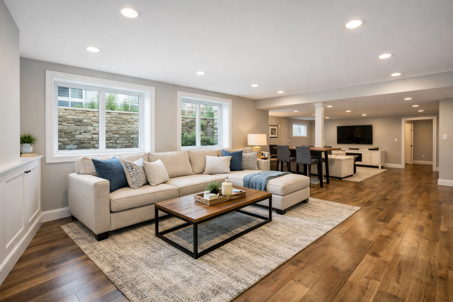 Modern finished basement with grey walls and natural light in Reading PA home