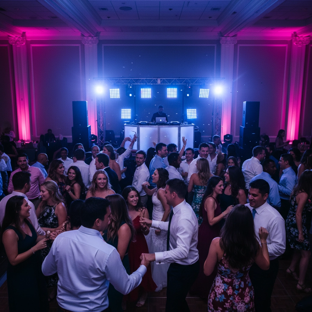 People dance at a lively indoor party with a DJ booth and bright lights. The room glows with pink and blue hues, creating a festive mood.