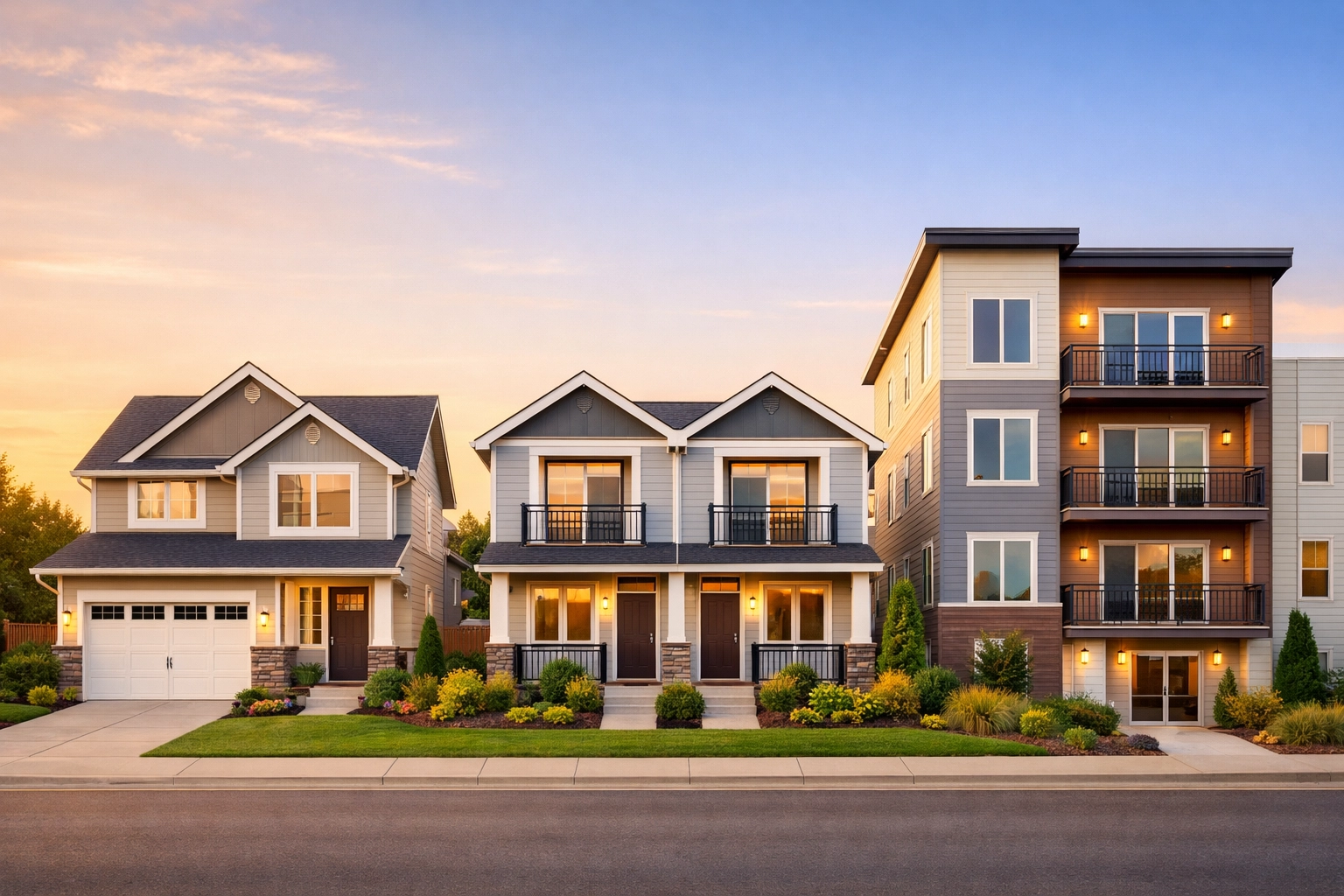 Multiple investment properties including single-family home, duplex, and apartment building