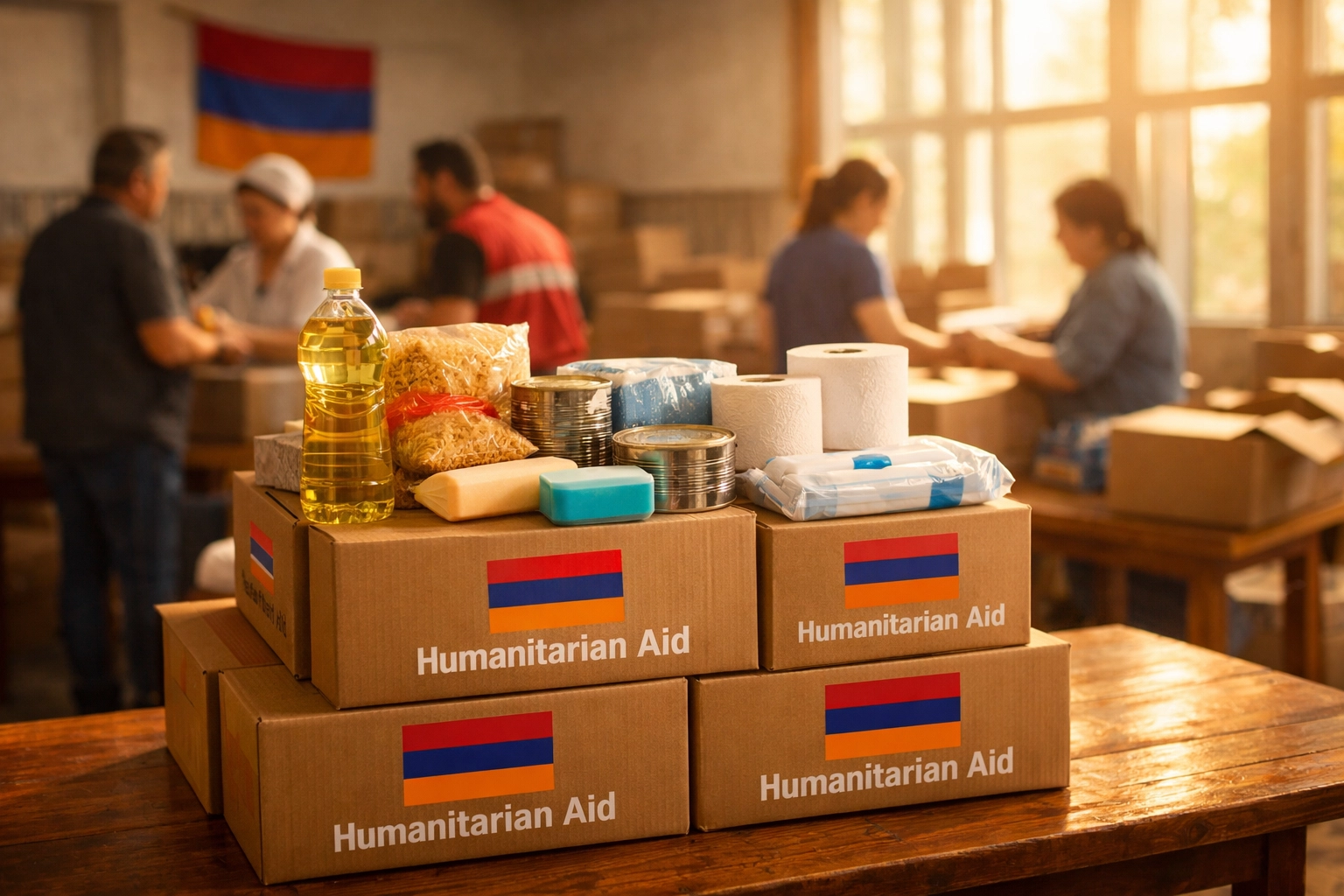Armenian volunteers prepare relief packages and food supplies for Iranian refugees in a community hall.
