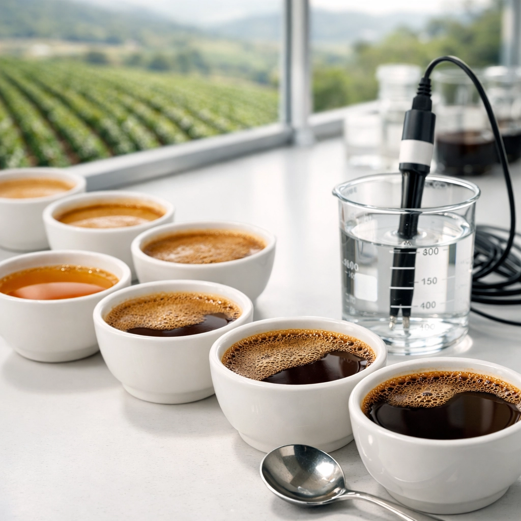 Measuring pH levels and acidity during a professional coffee cupping session at a food science lab.