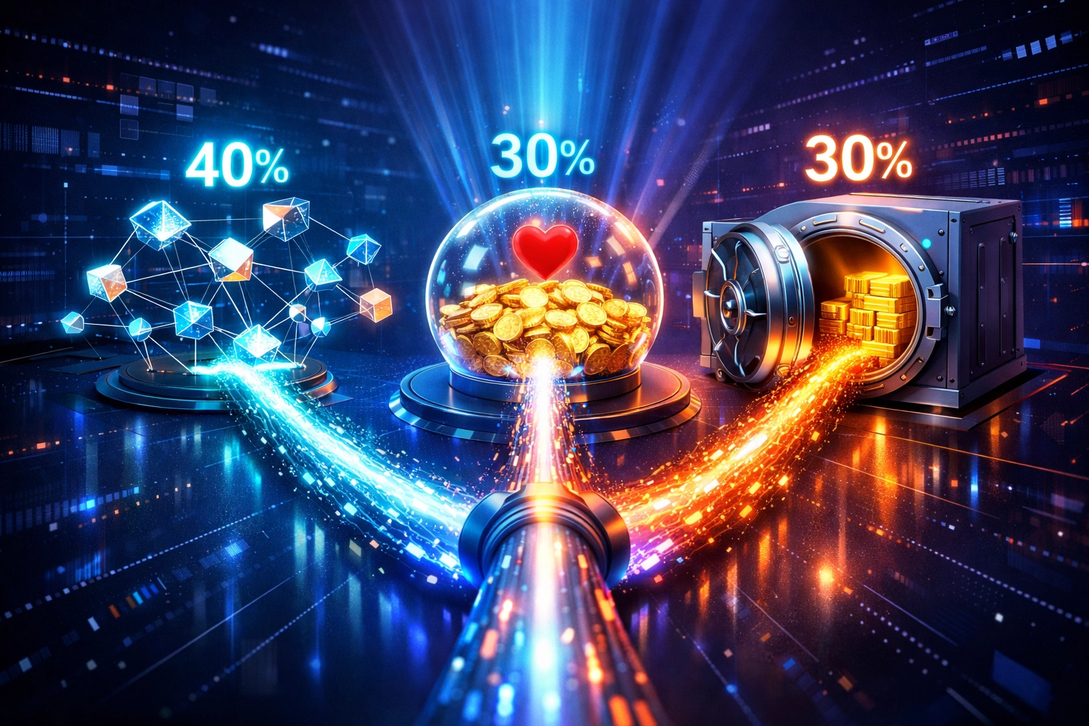 Blockchain transaction fee distribution flowing to network validators, charity pool, and development