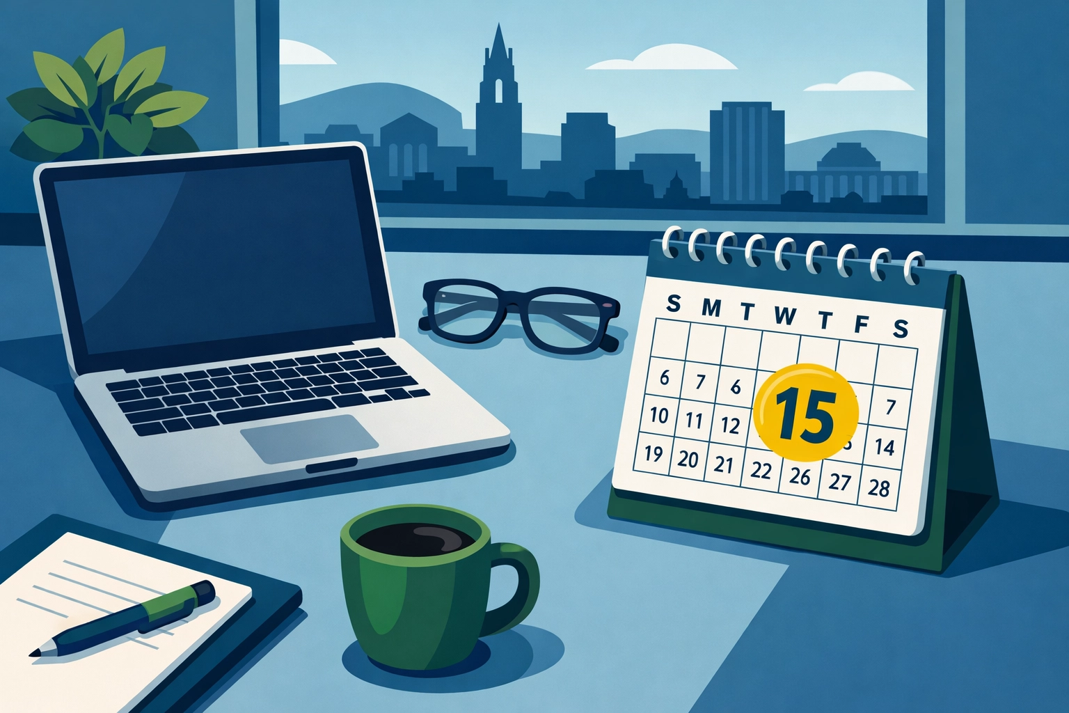 A professional desk view showing a calendar marked for the April 15th New Haven tax deadline.