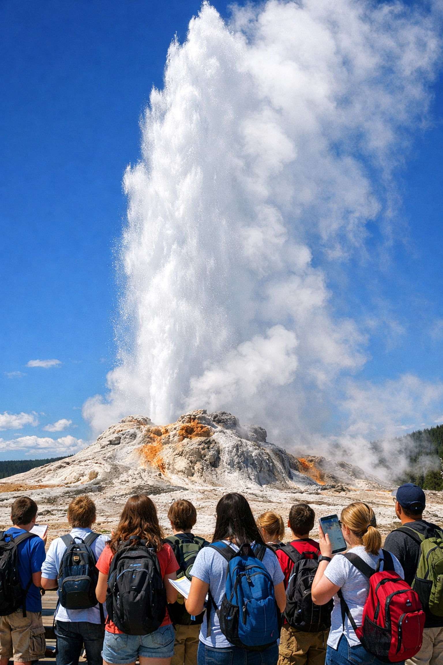 Students observing Old Faithful geyser eruption during educational class trip to Yellowstone