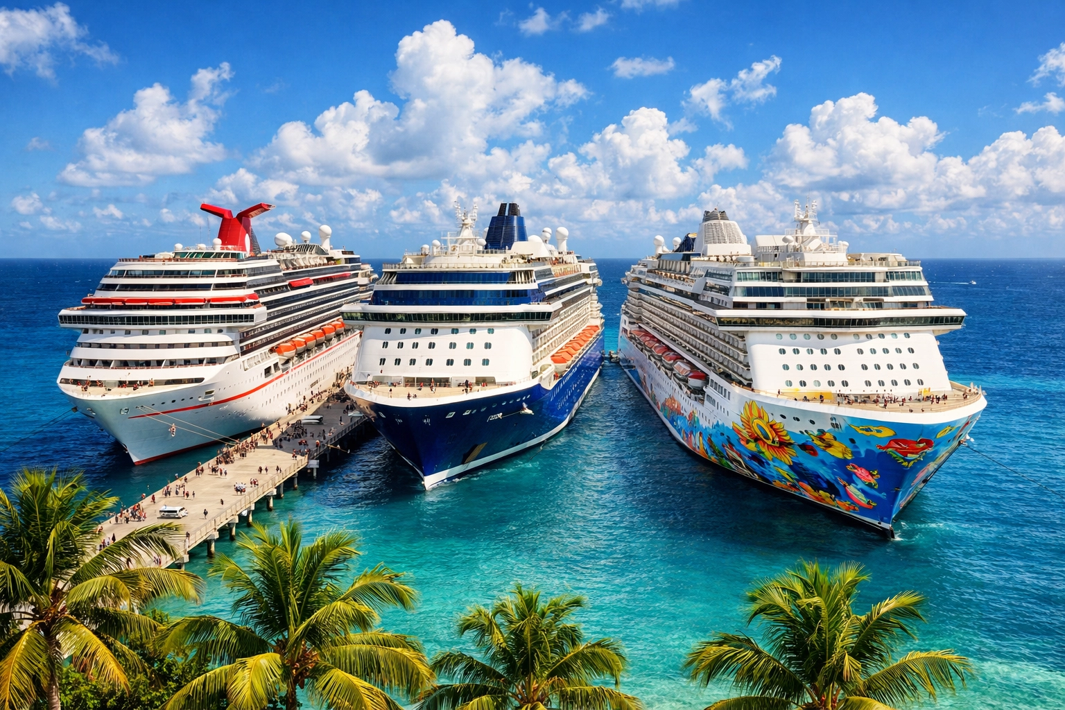 Three major cruise ships docked at tropical Caribbean port for first-time cruisers comparison