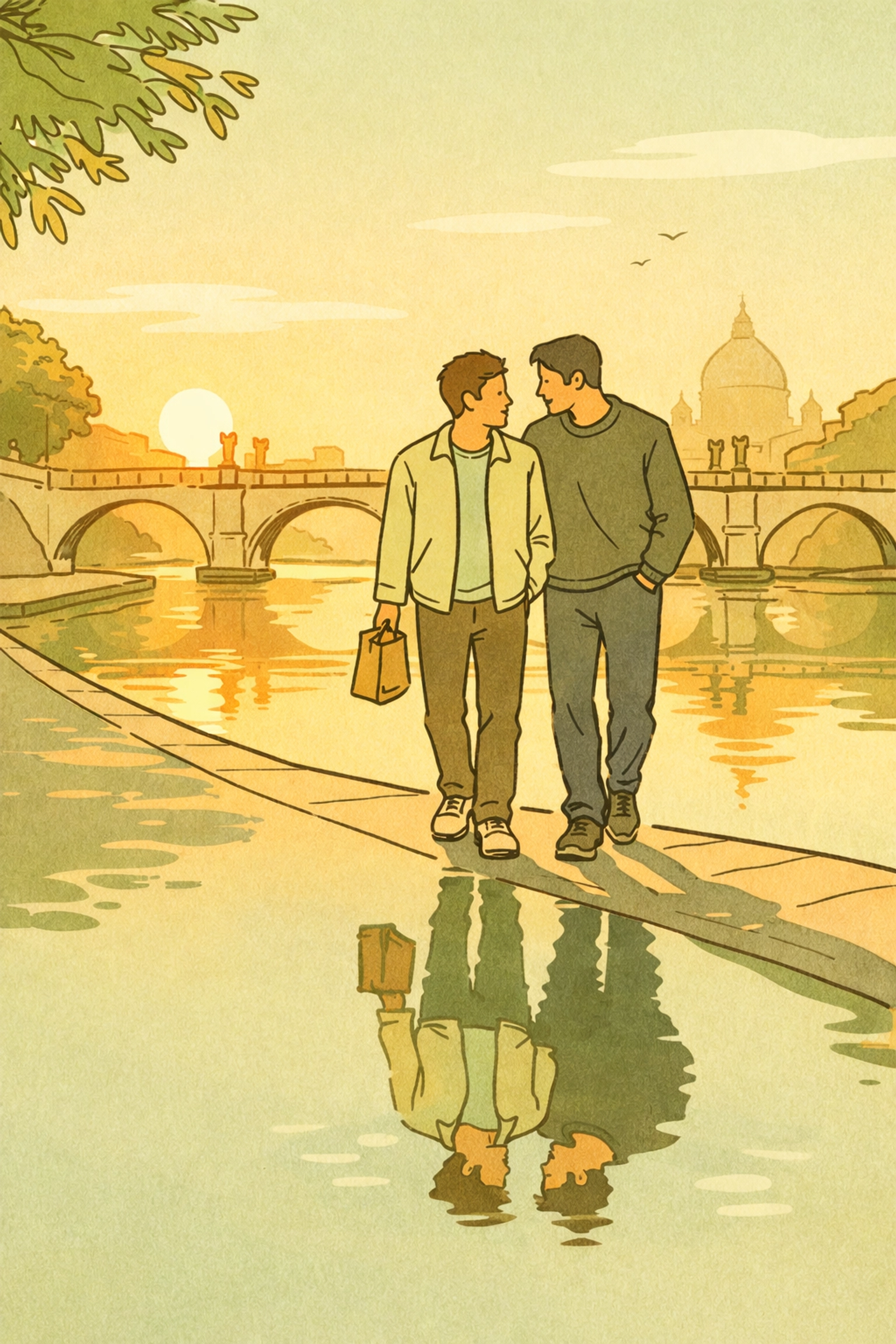 MM couple walking together along Tiber River at sunrise - new beginnings in Rome