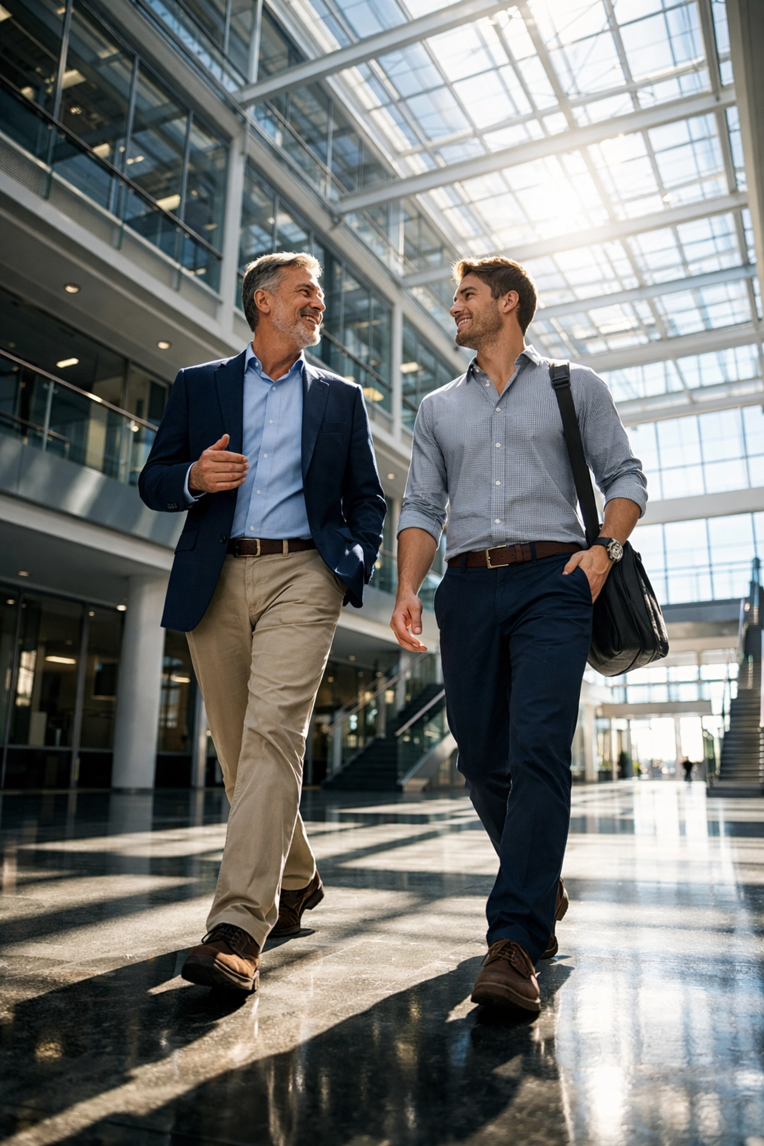A mentor and young professional walking together, symbolizing long-term success in talent development.
