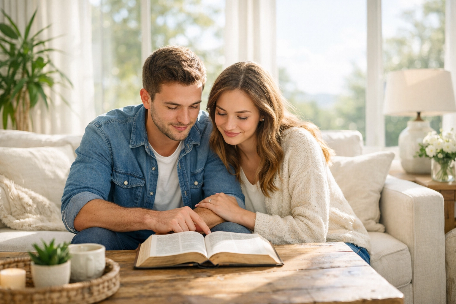 Young couple reading the Bible together, reflecting on the deity of Jesus Christ at Boundless Online Church.