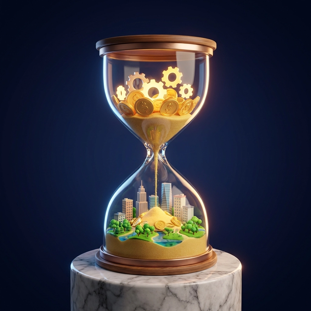 An hourglass with gold coins and a cityscape symbolizing patient wealth building and long-term alternative investing
