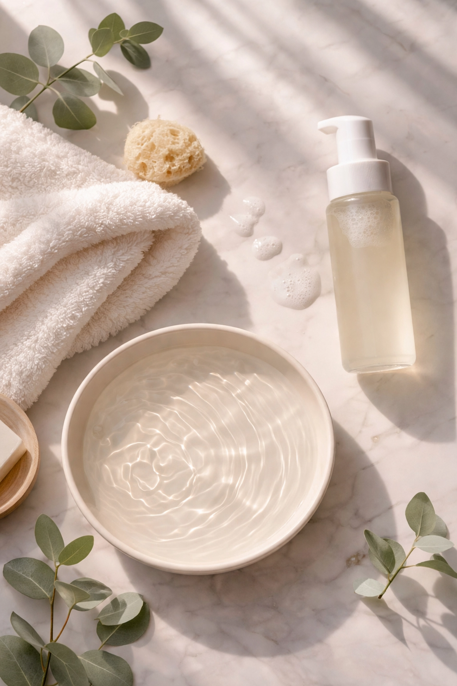 Flat-lay of a gentle skincare cleansing routine with soft cleanser and lukewarm water for proper skin barrier care