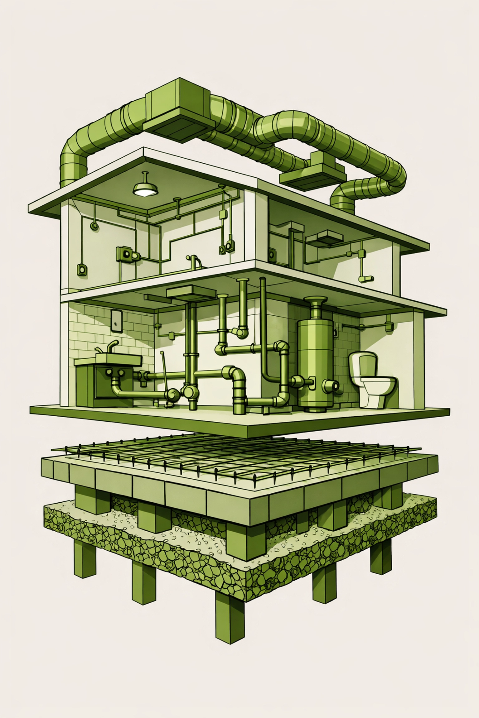 Cross-section diagram showing home's HVAC, electrical, plumbing, and foundation systems