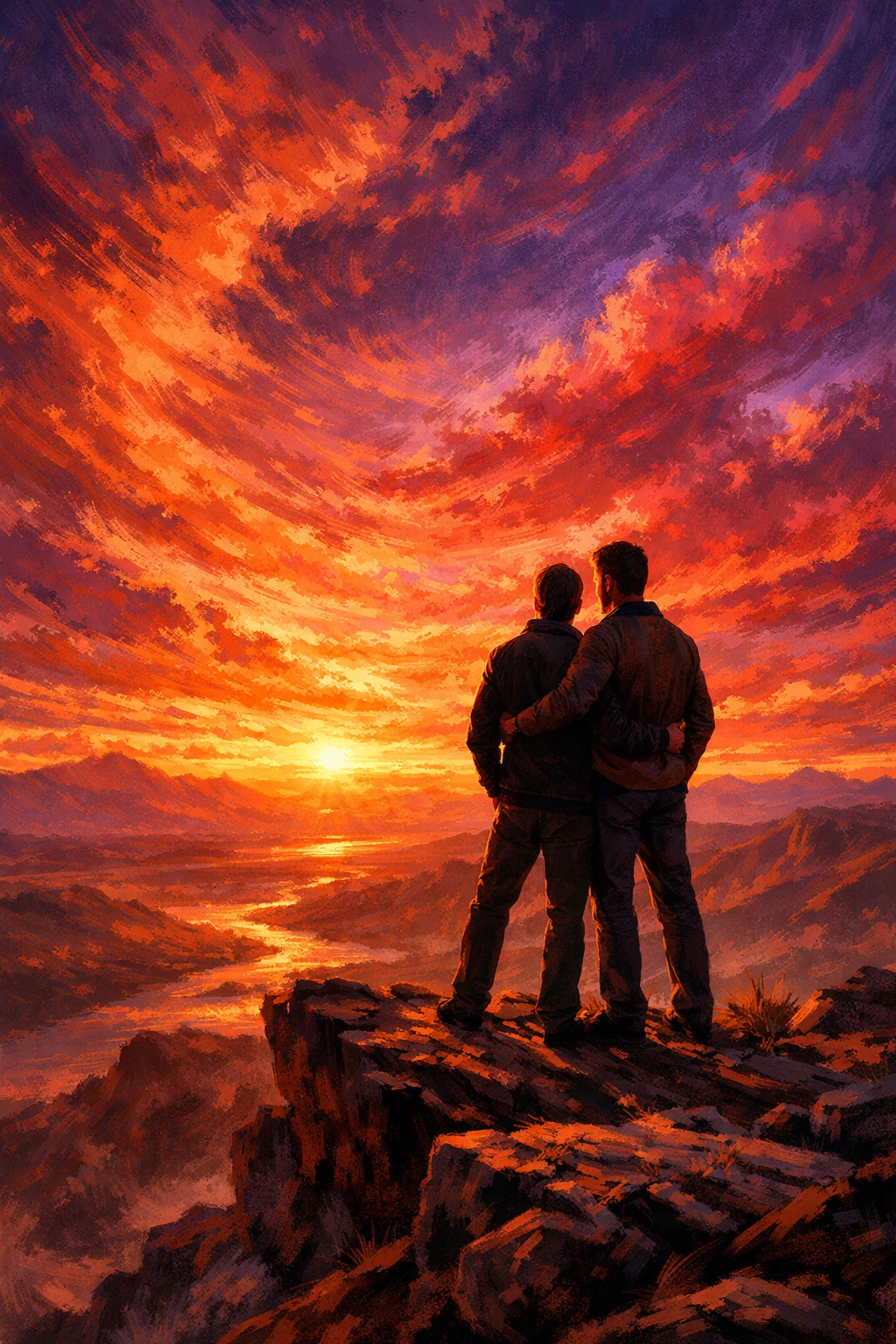 Two men overlooking a sunset horizon during a spiritual journey, capturing the essence of gay adventure romance.