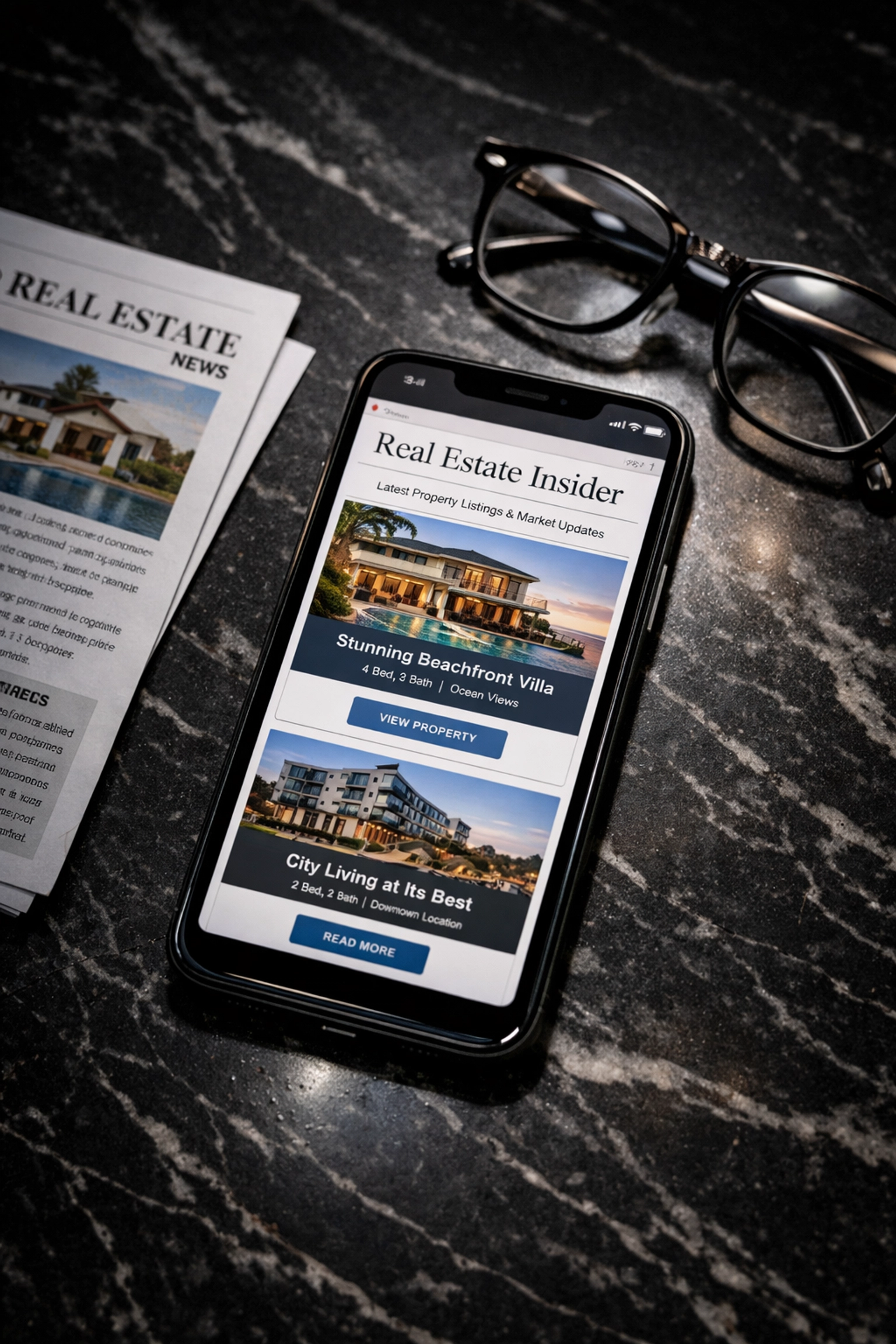 Real estate newsletter displayed on smartphone showing property photos and market updates