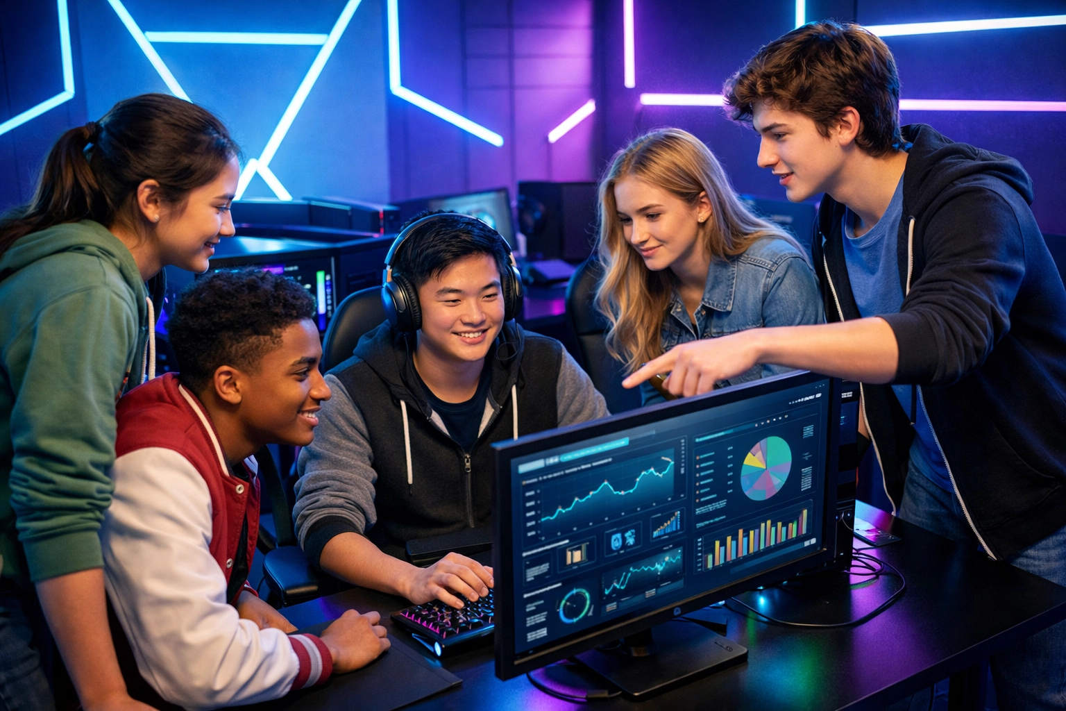 High school students collaborating at EsportsPod gaming station learning workforce development skills