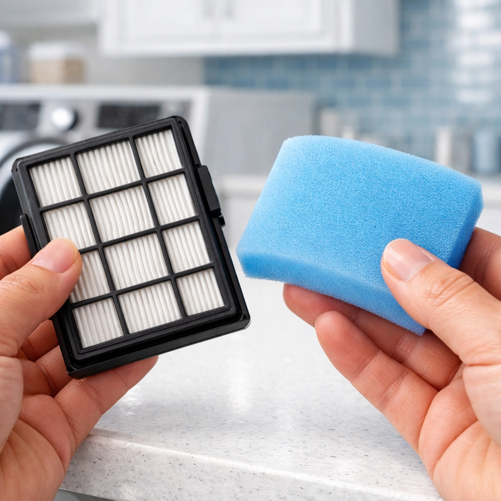 Clean HEPA and foam vacuum filters being held over a white countertop for maintenance.