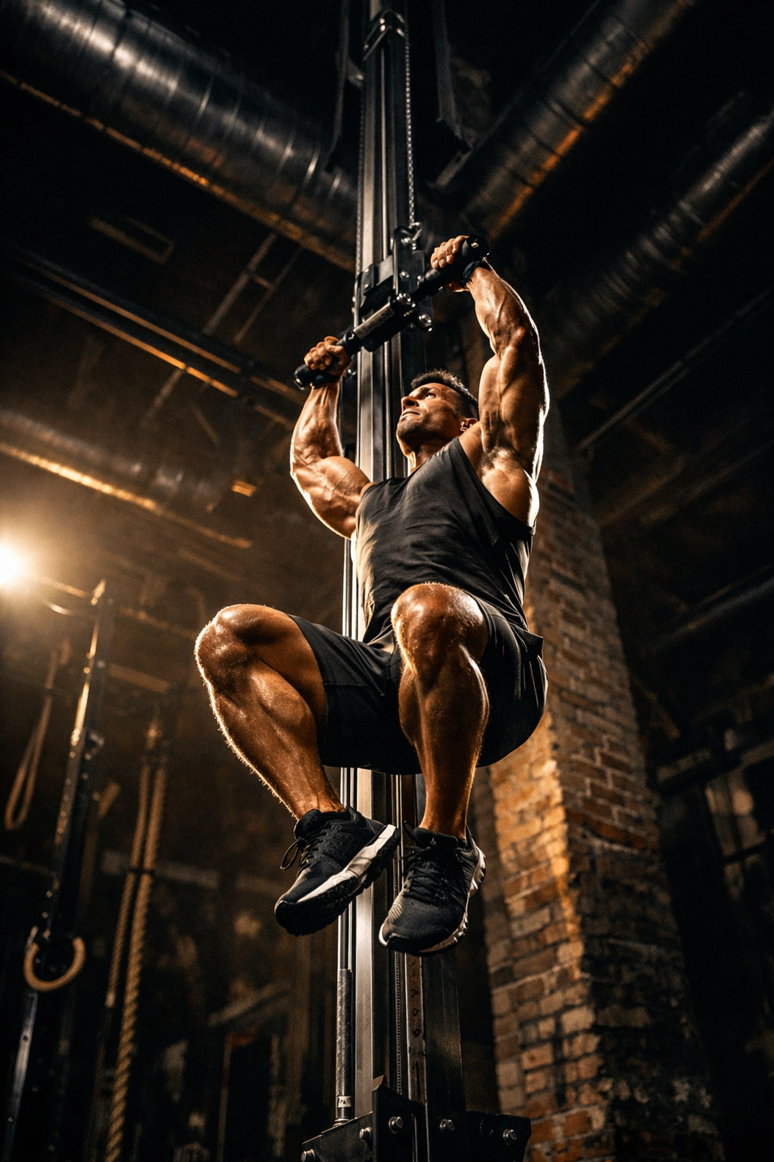 Athlete using a floor to ceiling gym rail for overhead resistance training in a modern home gym.
