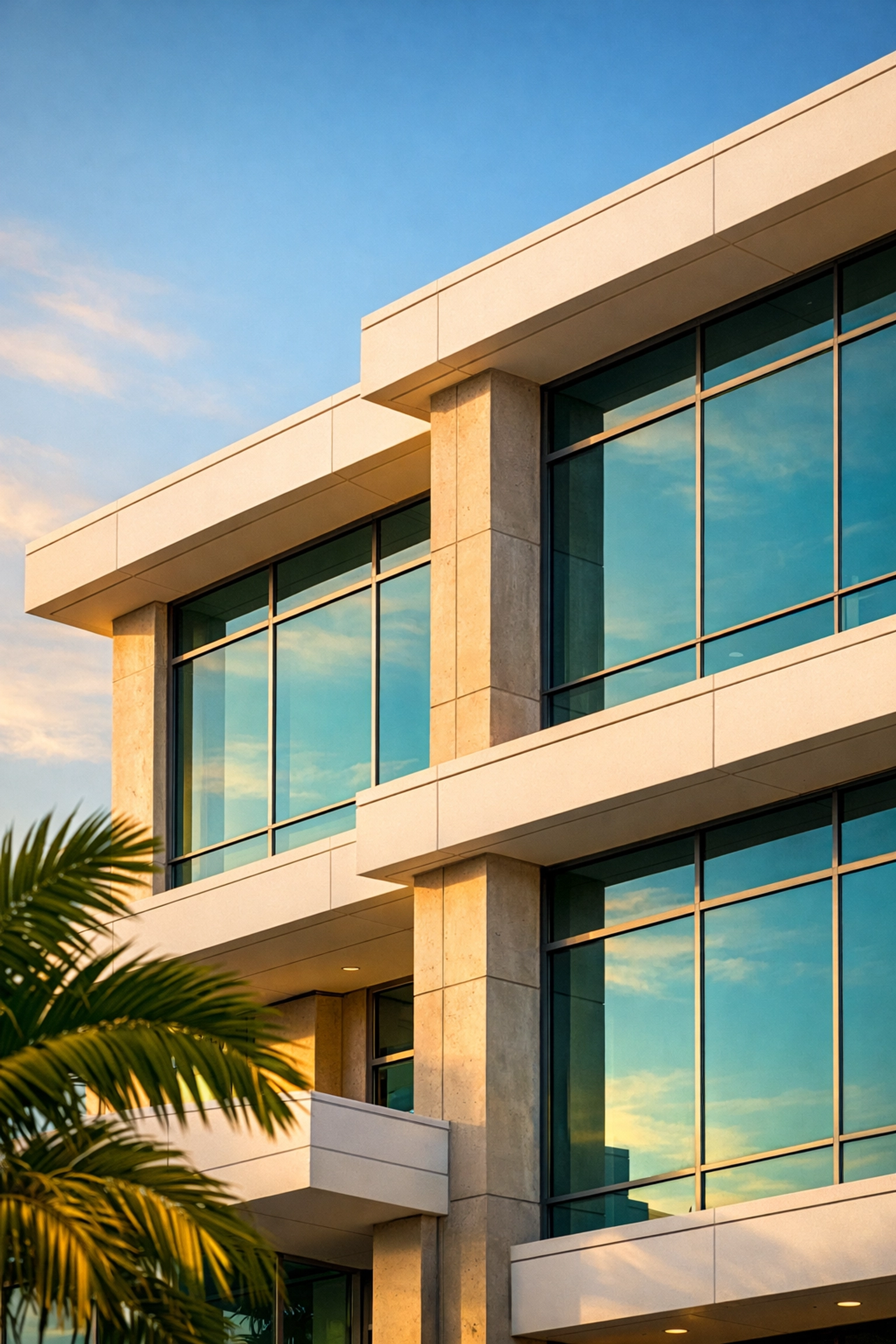 Resilient commercial building facade featuring impact-rated glass for construction in florida.