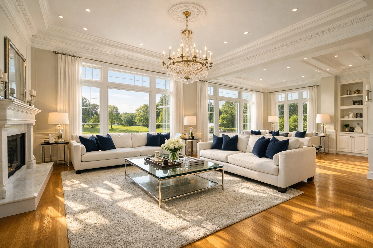 Immaculate living room in a Dover estate showcasing expert residential cleaning Massachusetts services.