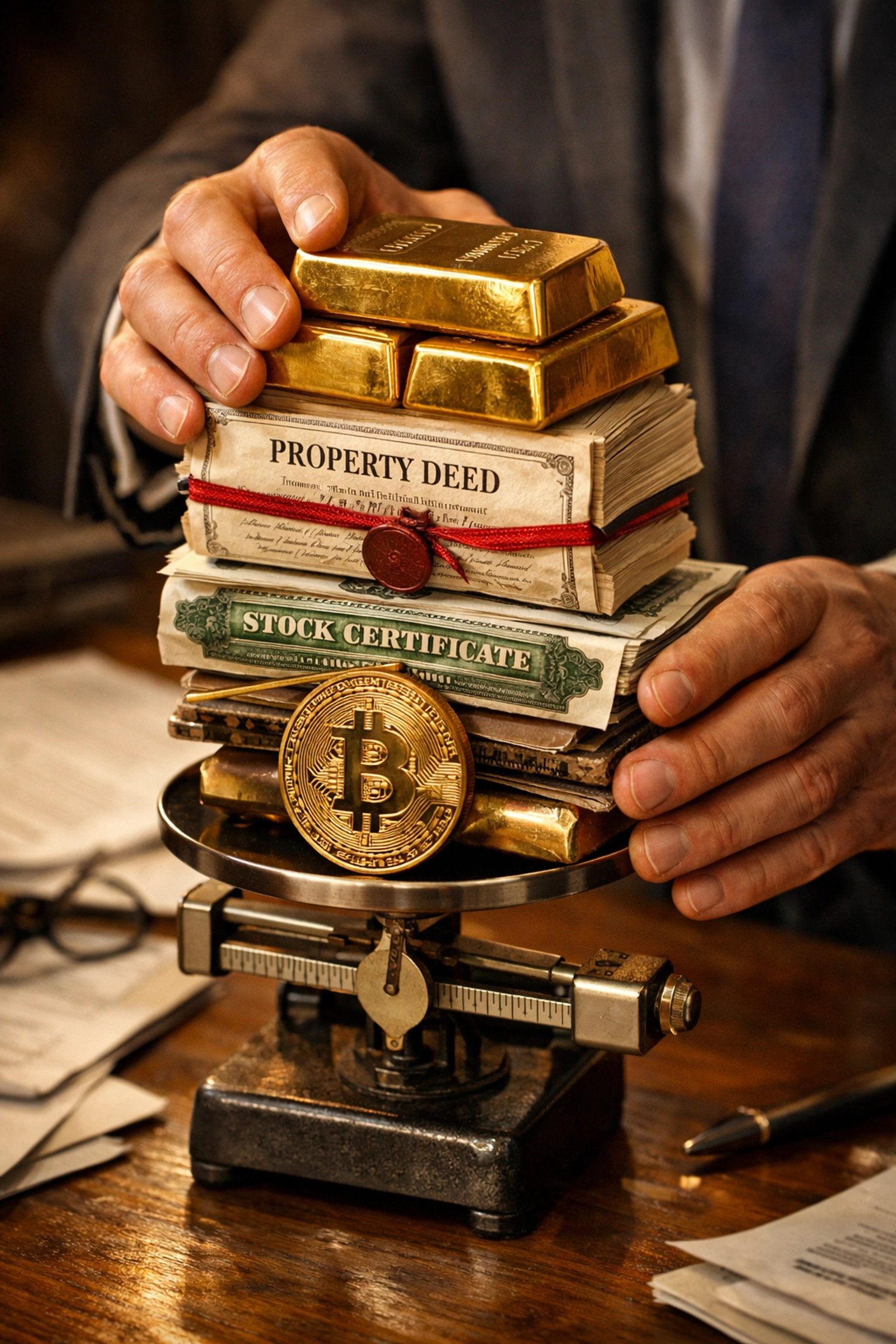 Hands balancing gold, property deeds, and investment certificates showing risk management strategy