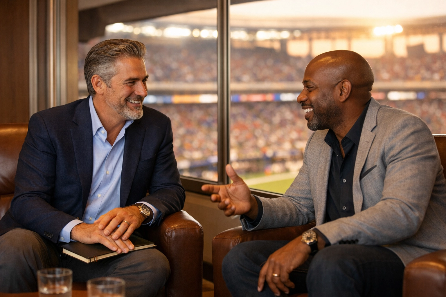 Corporate executives networking in a luxury stadium suite during a Super Bowl hospitality event.