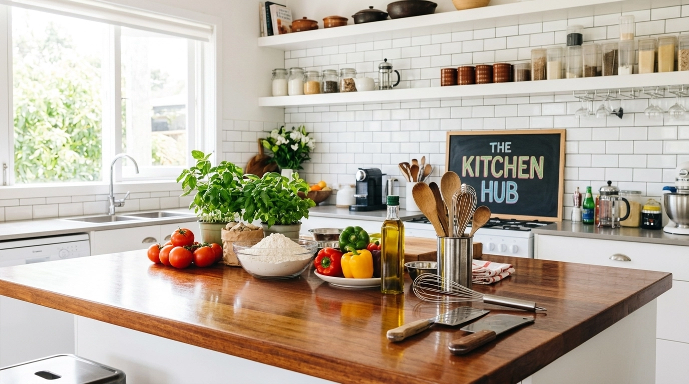 Bright, airy, modern home kitchen representing a professional yet warm home-based business environment.