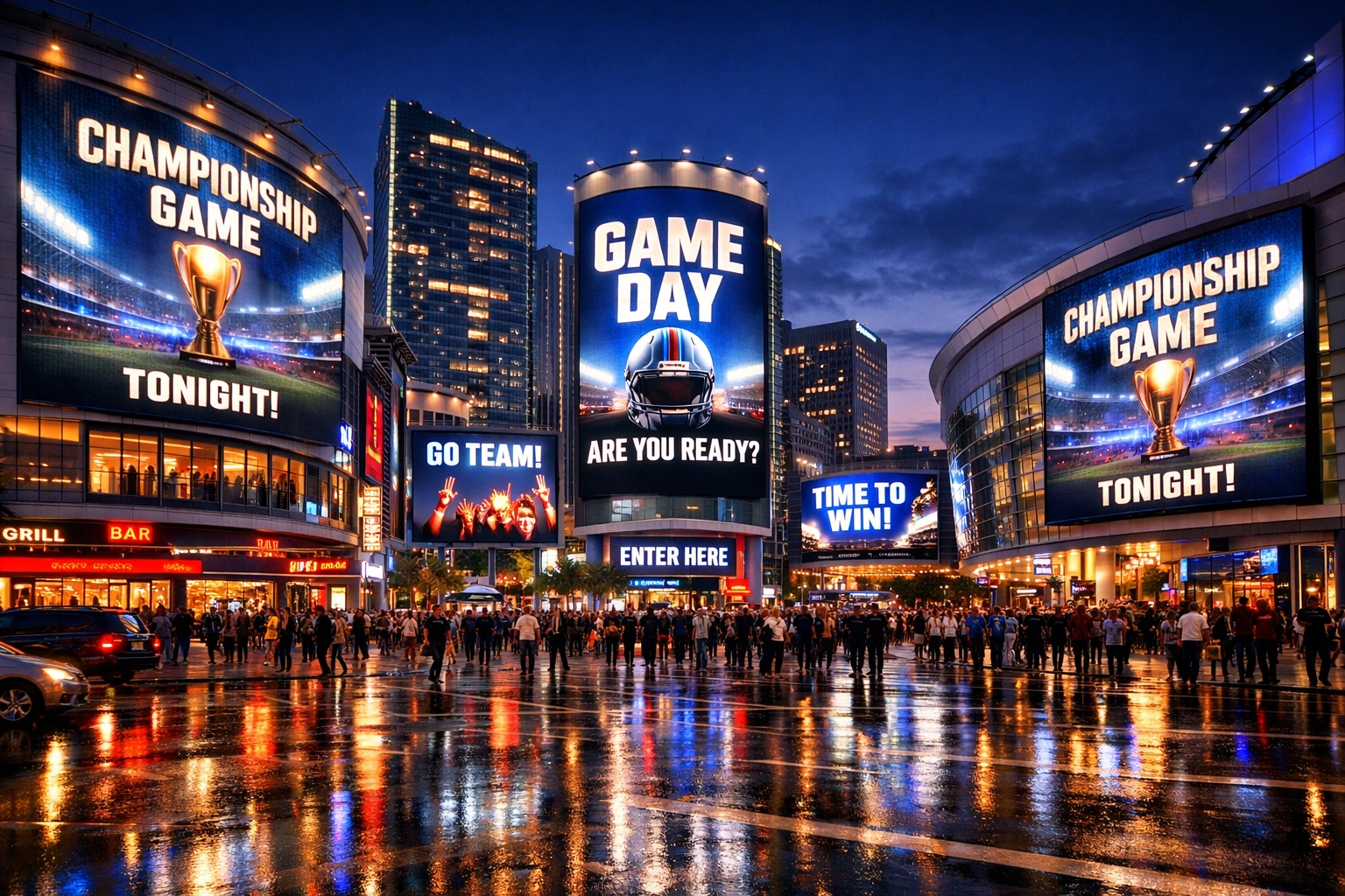 Large scale synchronized digital billboards in a busy urban sports district at night.