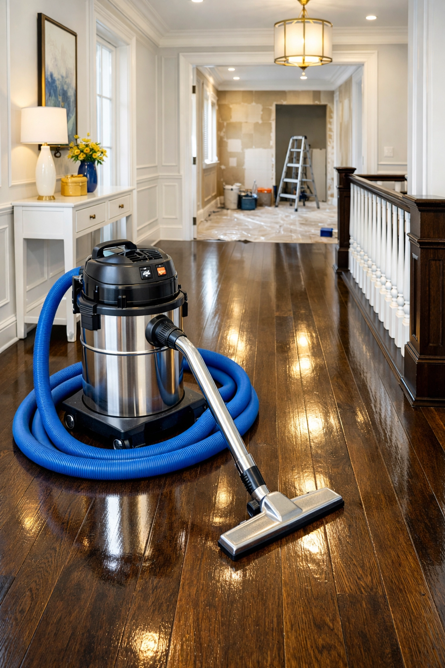 Professional vacuum cleaning dust off dark hardwood floors during a post-renovation house clean.