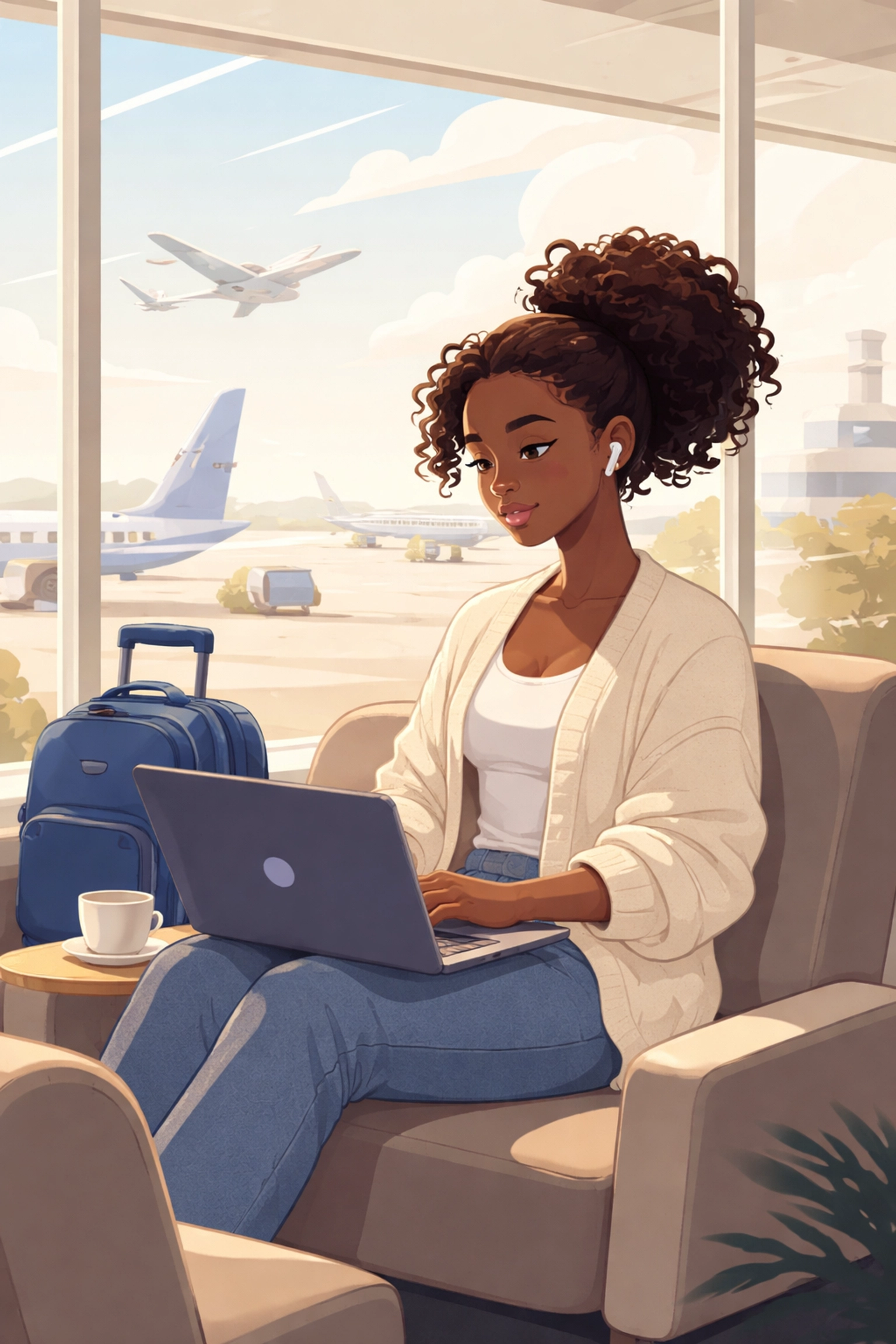 Confident Black software developer working remotely in an airport lounge, highlighting global access to stablecoin payments