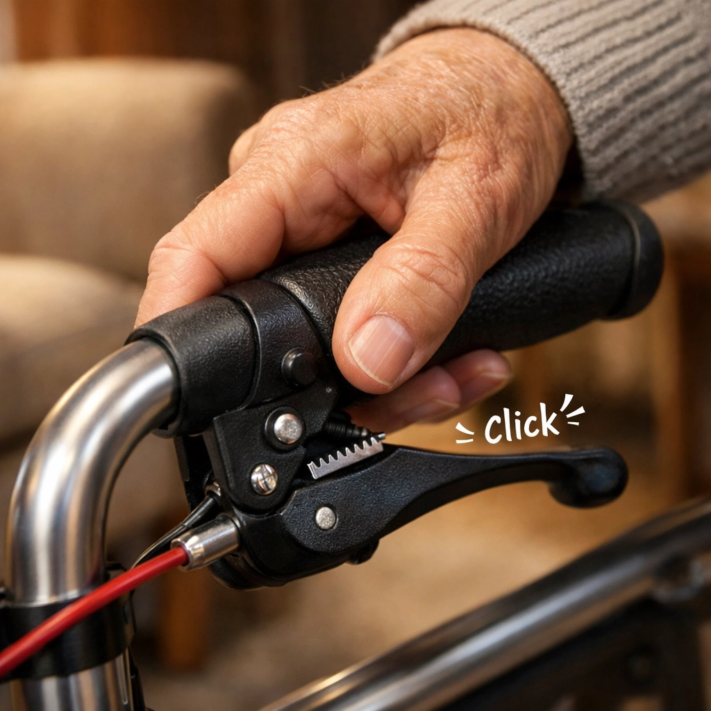 Close-up of a hand engaging the locking brakes on a rollator walker before sitting down safely.