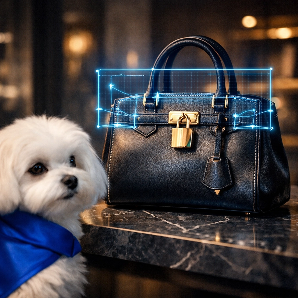 Daisy AI Maltese dog using holographic scanning to verify luxury handbag stitching and hardware for resale stores.
