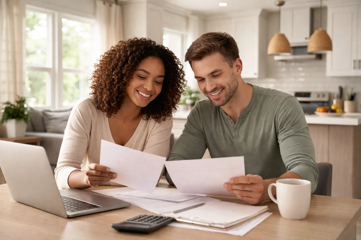 Couple reviewing financing paperwork in a modern manufactured home kitchen