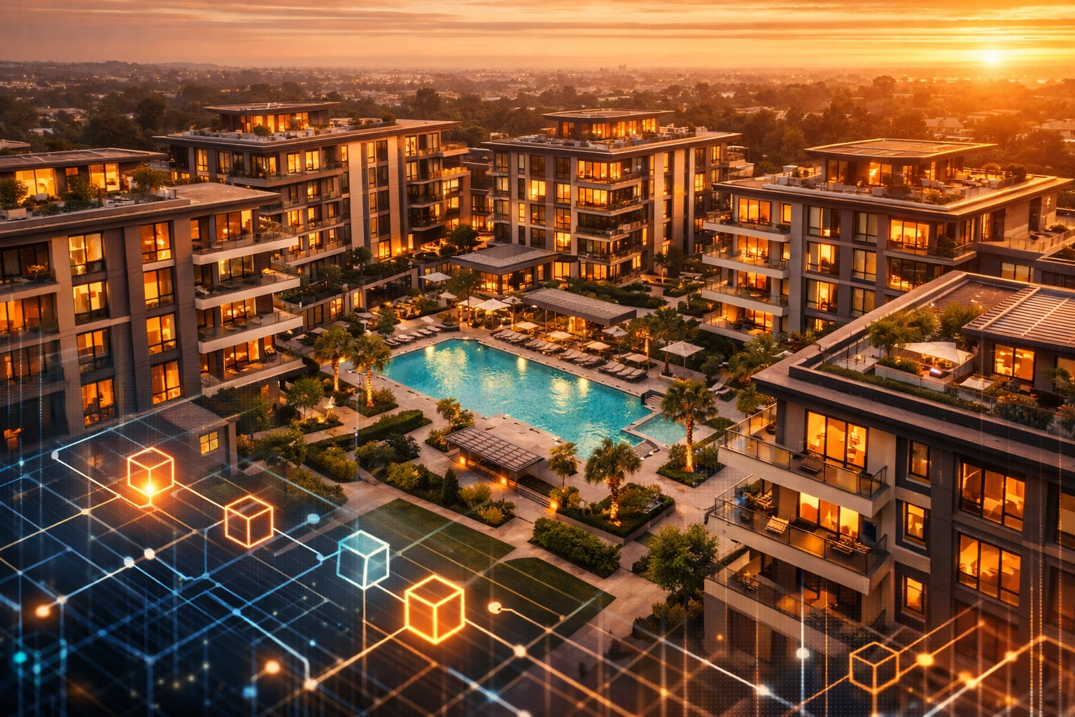 Modern multifamily apartment complex showing real estate tokenization and blockchain integration