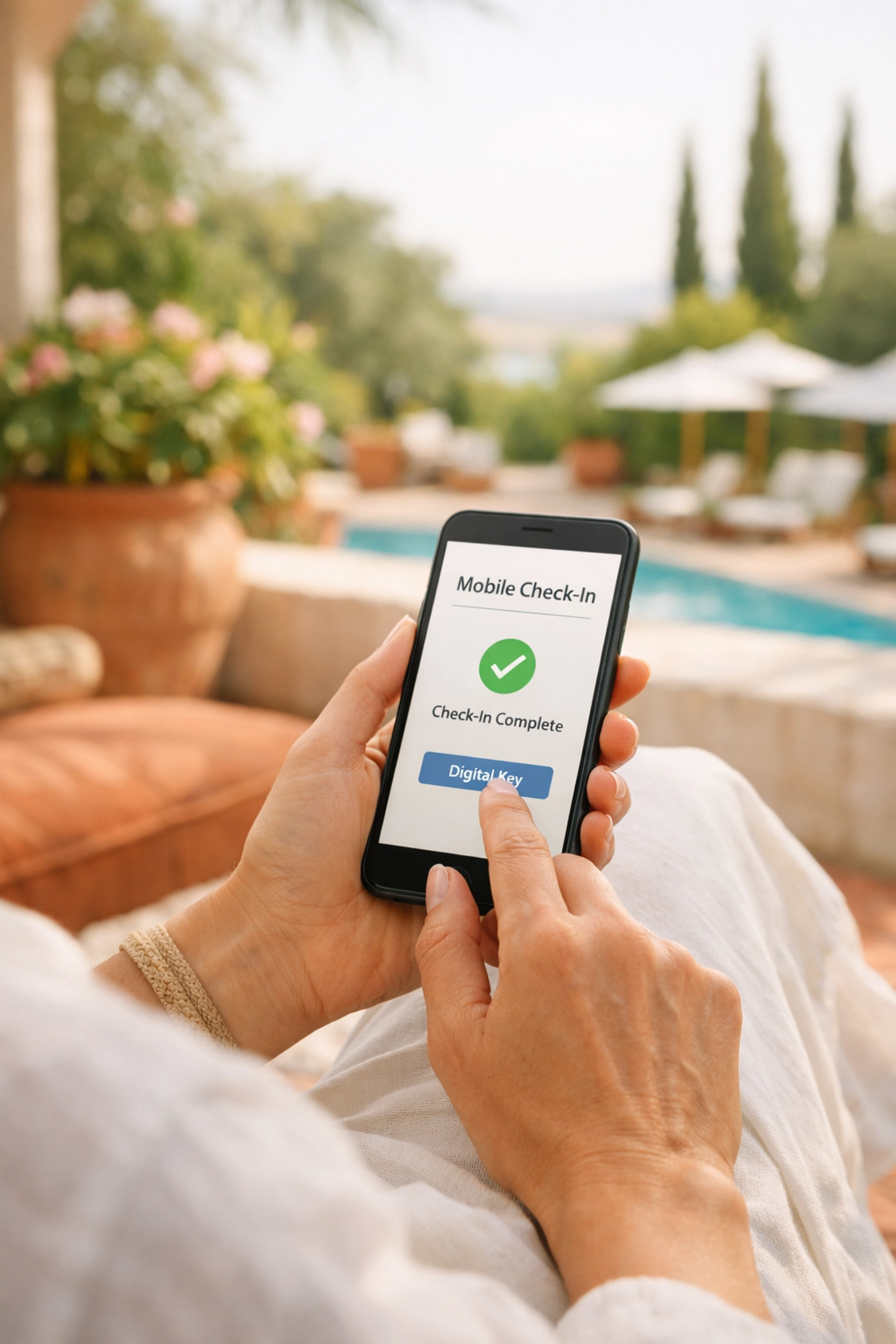 Hotel guest using mobile check-in on a smartphone while on a sunny outdoor terrace.
