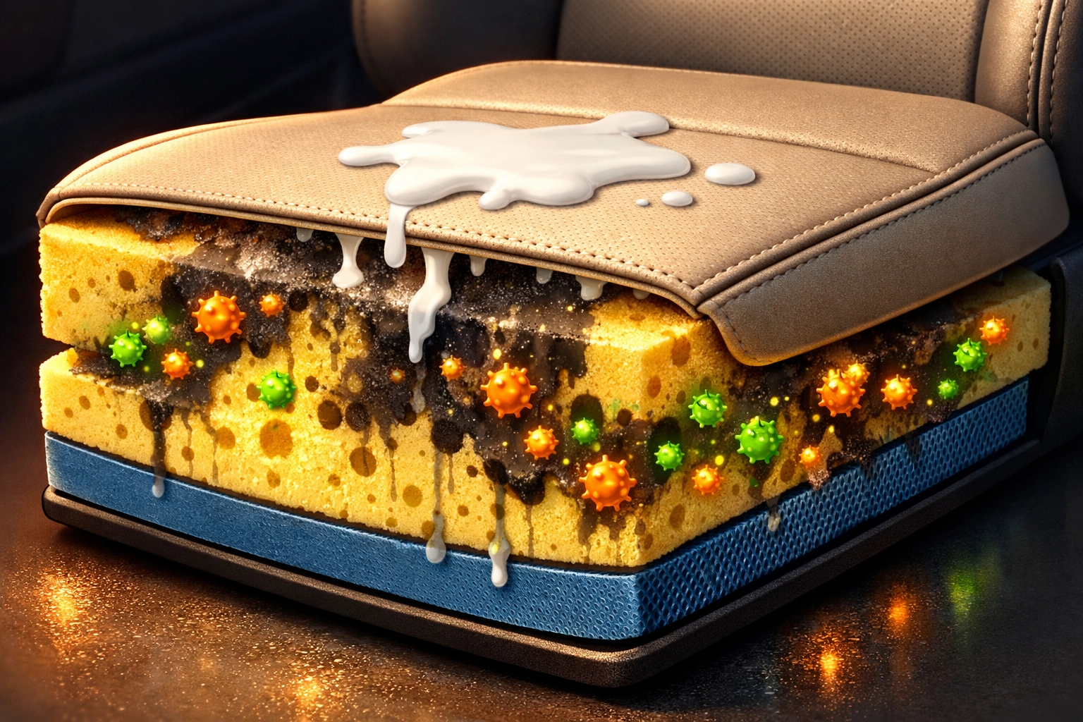 Cross-section of car seat showing spilled milk bacteria deep in upholstery foam requiring professional detailing