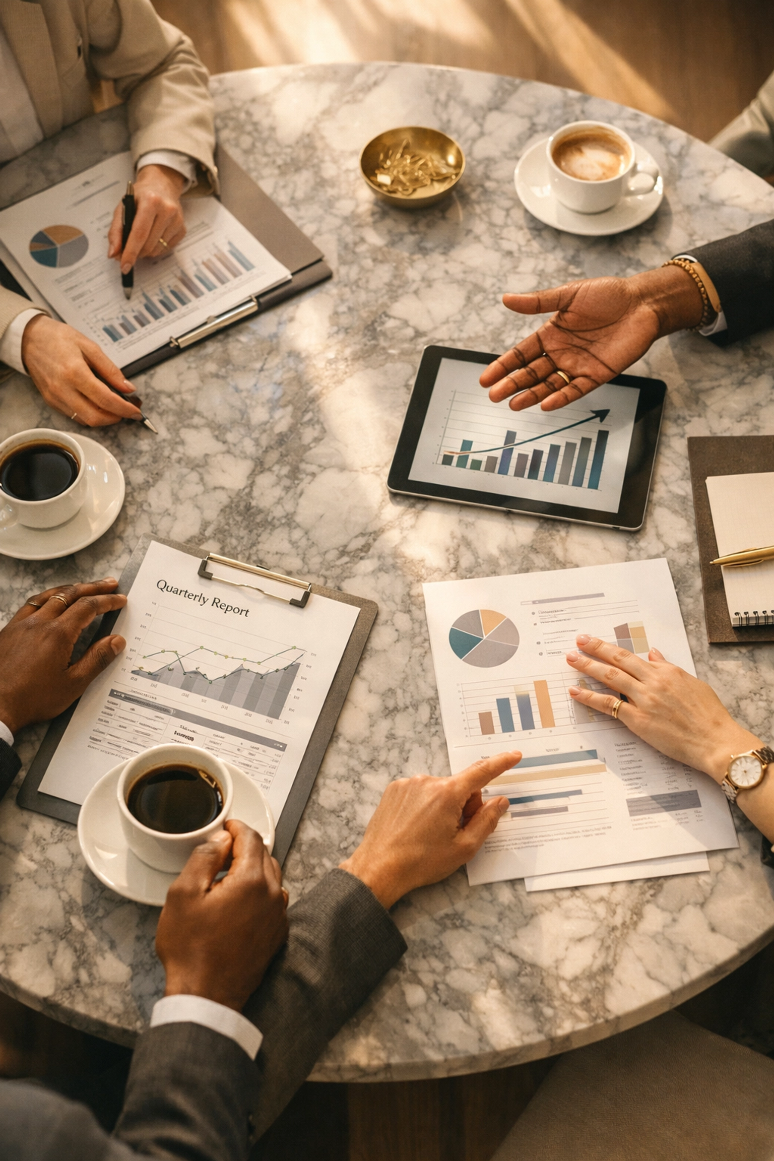 Diverse investors reviewing startup fundraising documents and growth metrics in boardroom meeting