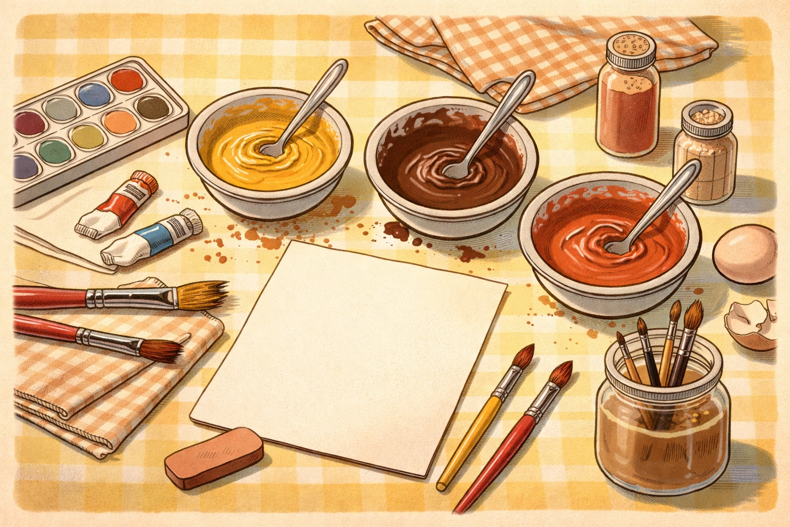 A bird's-eye view of a kitchen counter with bowls of turmeric, cocoa, and cinnamon paint ready for crafting.