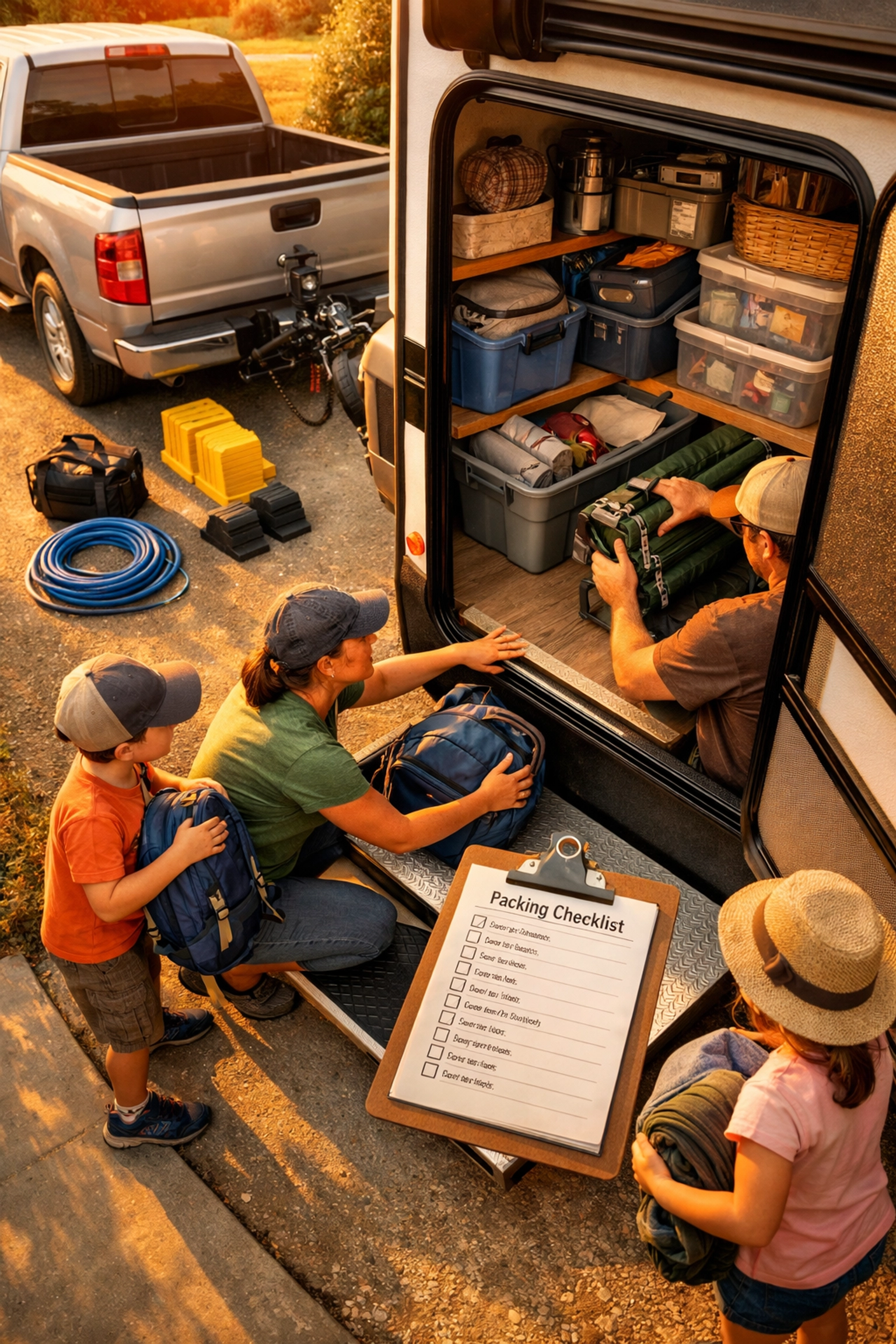 Family packing travel trailer with camping gear and checklist for first trip