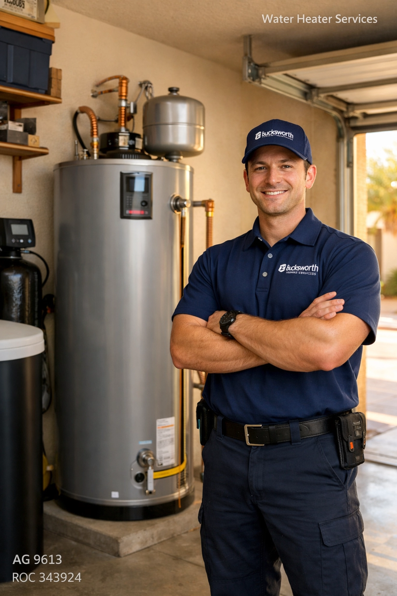 Bucksworth Home Services technician inspecting a residential water heater in a Mesa, AZ garage.