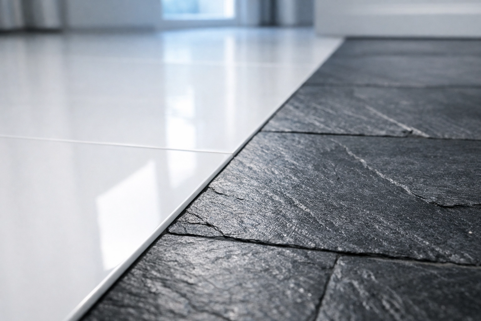 Close-up of polished porcelain tile versus textured natural stone flooring.
