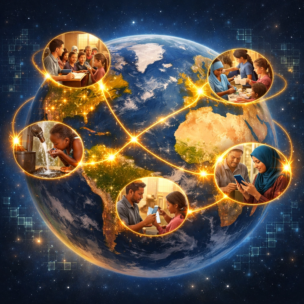 Global charity network showing micro-donations connecting six continents through blockchain technology